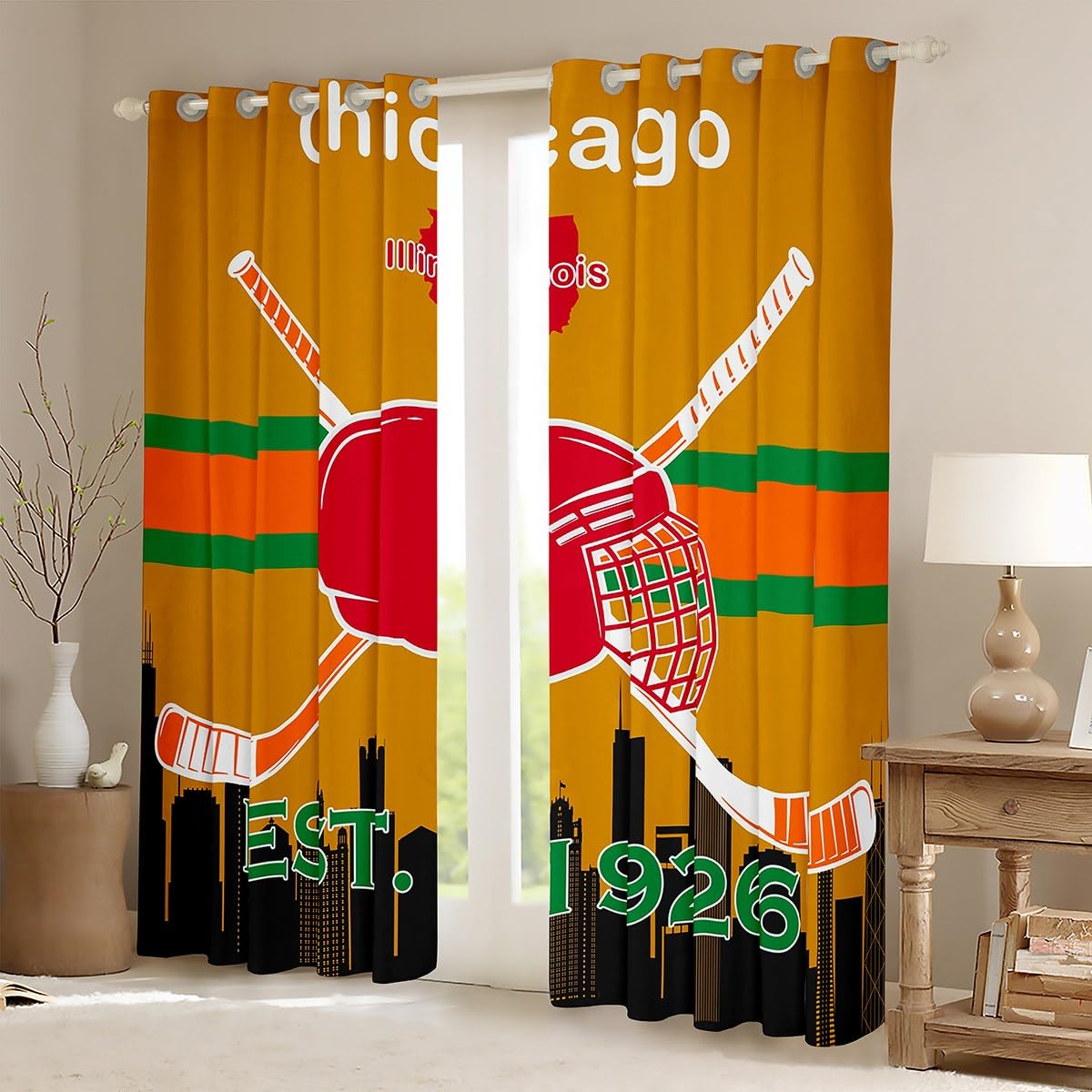 Erosebridal Ice Hockey Window Curtains for Kids,Ice Hockey Team Curtain for Boys 42x63 inch,Hockey Window Treatments,Winter Sports Shades Drapes 2 Panels for Living Room,Yellow Red Blue(Chicago)