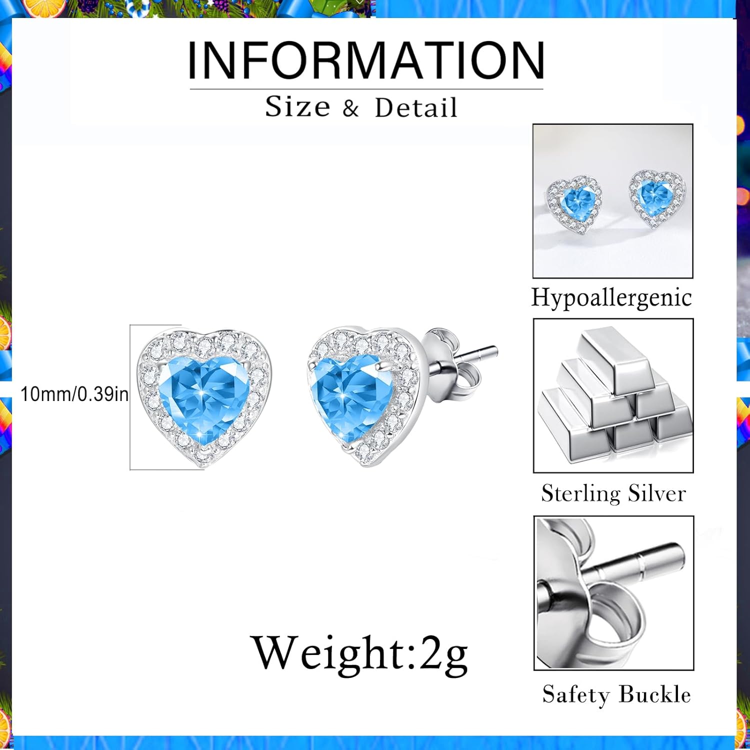 Dreamboat Heart Birthstone Stud Earrings 925 Sterling Silver Cubic Zirconia Heart Jewelry Valentine's Day Anniversary Birthday Gifts for Women