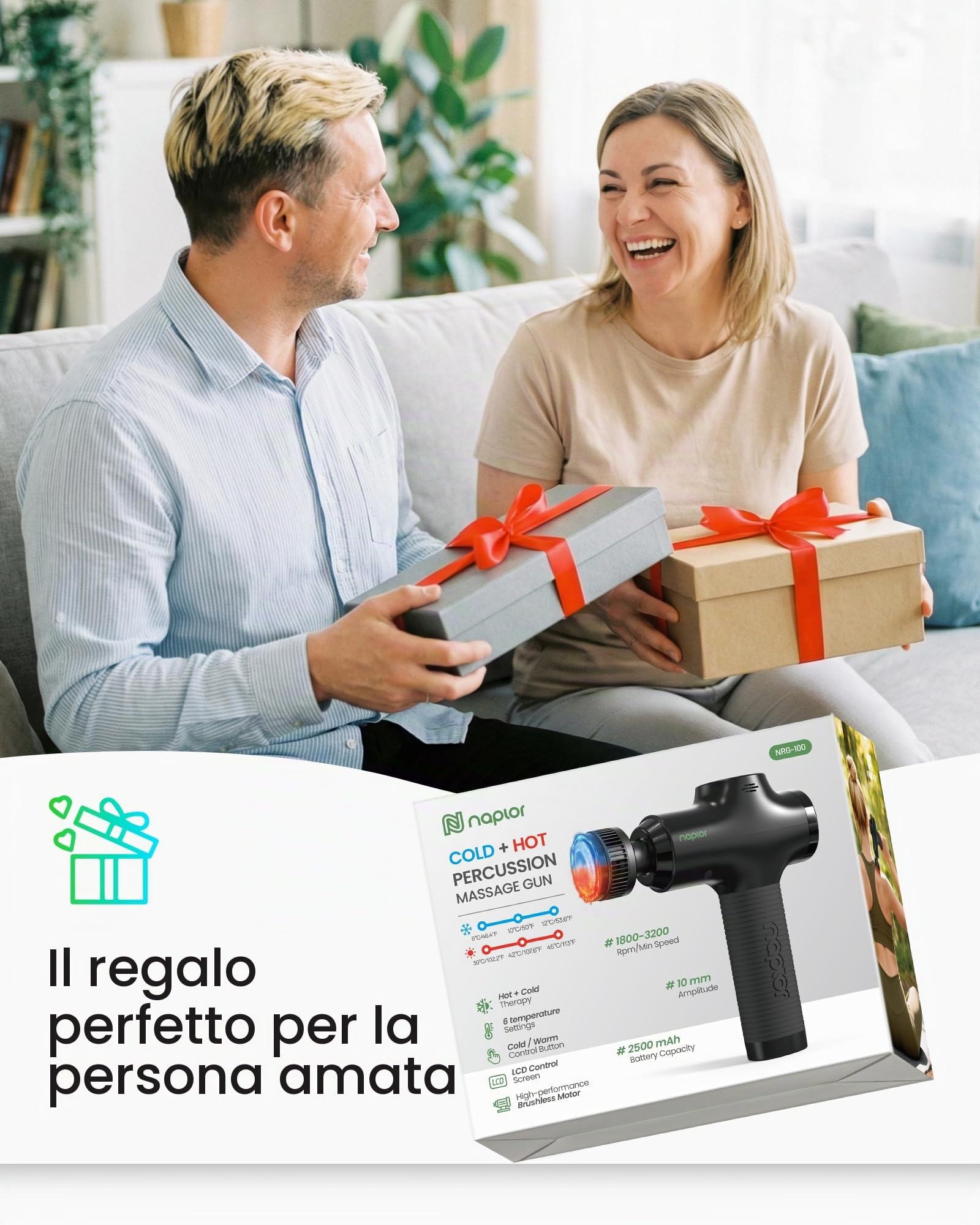 Pistola Massaggio Muscolare Caldo e Freddo, Massage Gun Tessuti Profondi 10mm, Motore Brushless Silenzioso 40dB, Display LED, 5 Velocità, 5 Testine, Ricarica USB-C, Massaggiatore Collo Schiena Gambe