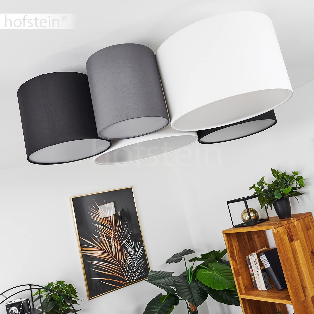 HOFSTEIN Deckenleuchte Trisett, Deckenlampe aus Metall/Kunststoff/Stoff in Schwarz/Weiß/Grau, moderne Leuchte mit Stoffschirmen, Lichteffekt, 5 x E27, Wohnzimmer, Esszimmer, Schlafzimmer, Küche