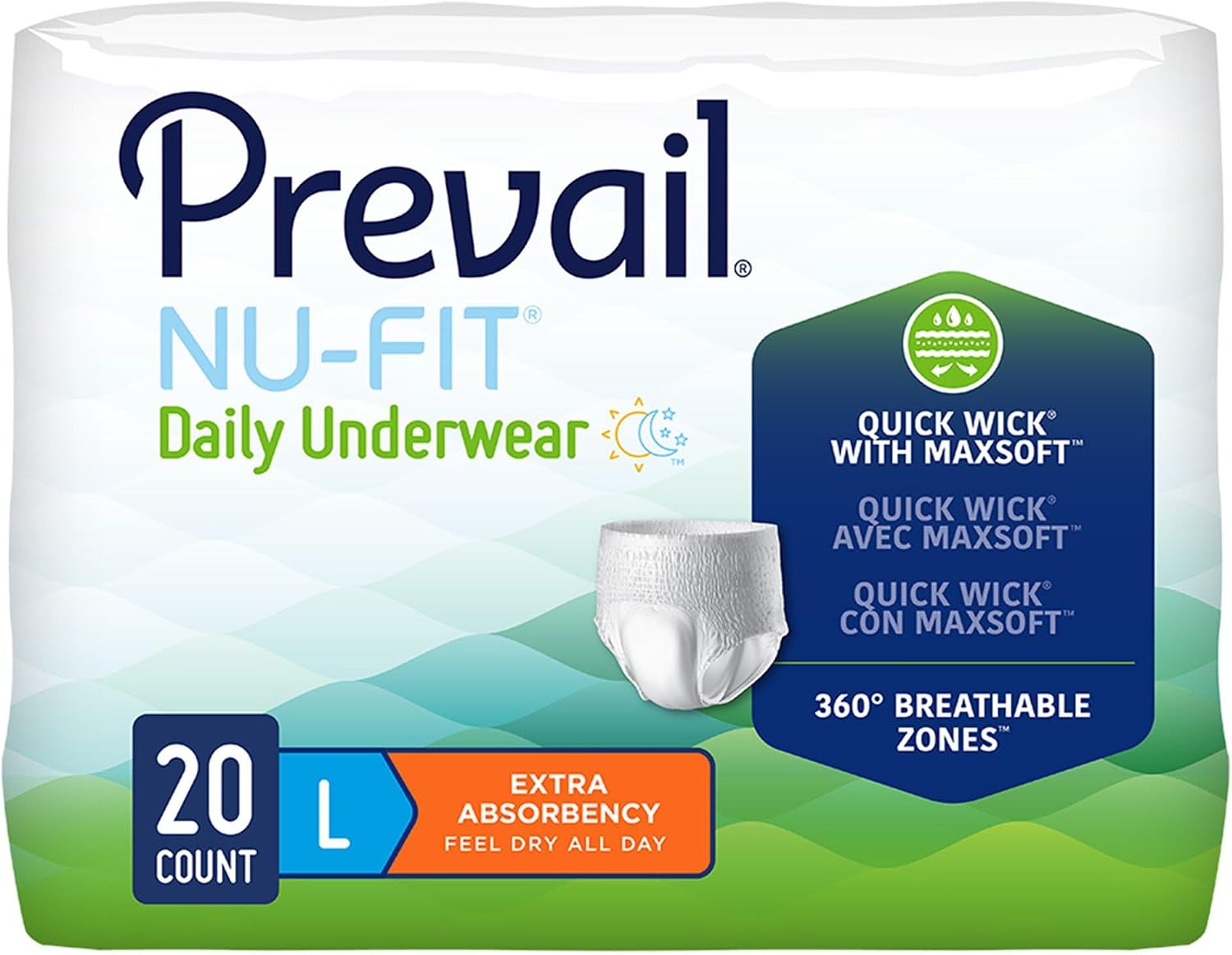 Prevail Nu-Fit® Daily Underwear, Large, Extra Absorbency, 360° Breathable Zones, Unisex, 20 Count, 4 Pack