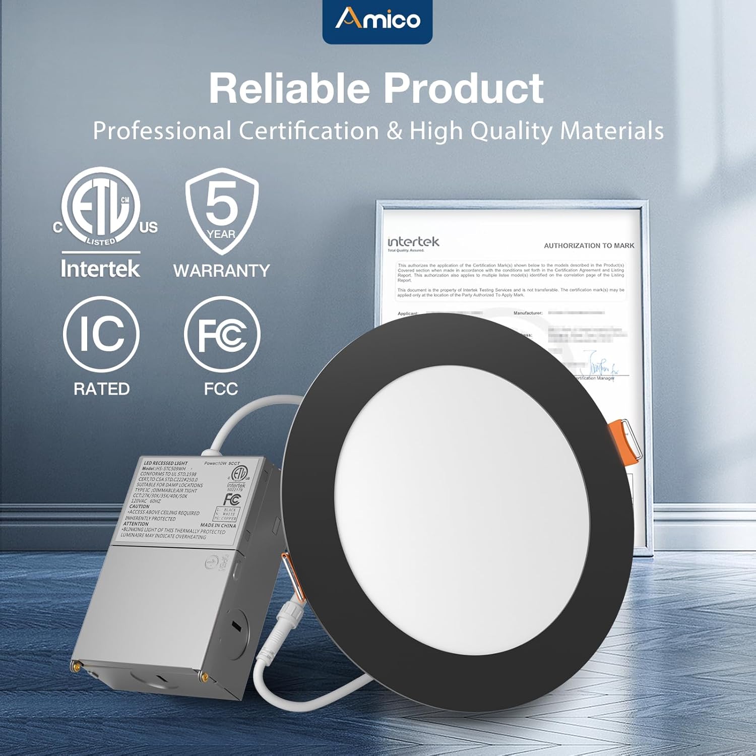 Amico 12 Pack Black Trim 6 Inch 5CCT Ultra-Thin LED Recessed Ceiling Light with J-Box, 2700K-5000K Selectable, 12W=110W, Dimmable Canless Downlight, 1050LM High Brightness