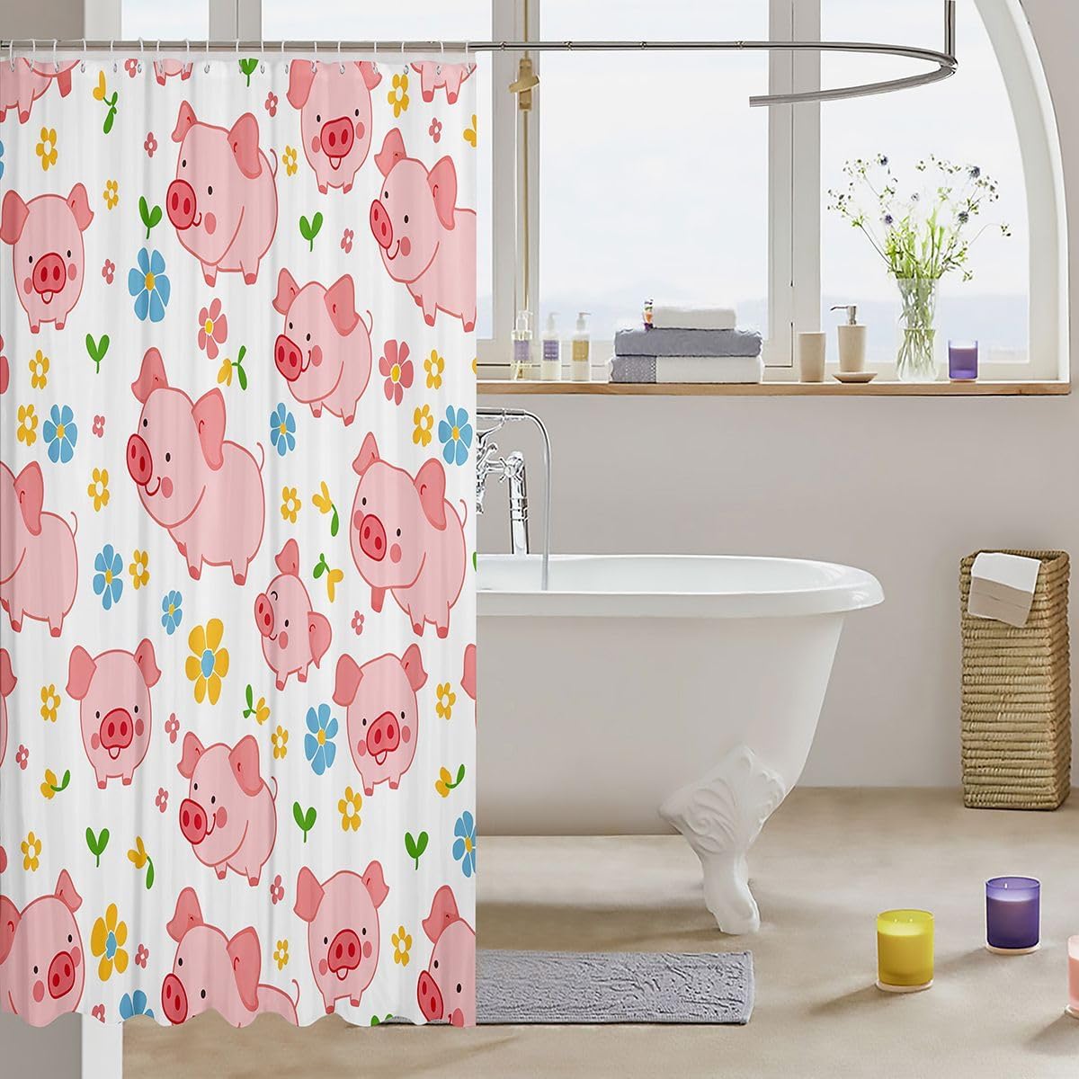 jejeloiu Cute Pig Shower Curtain for Bathroom Decor Farmhouse Animal Bath Curtain Floral Flower Bathroom Accessories Waterproof Polyester Fabric for Stalls Bathtubs 72"x72" image 3