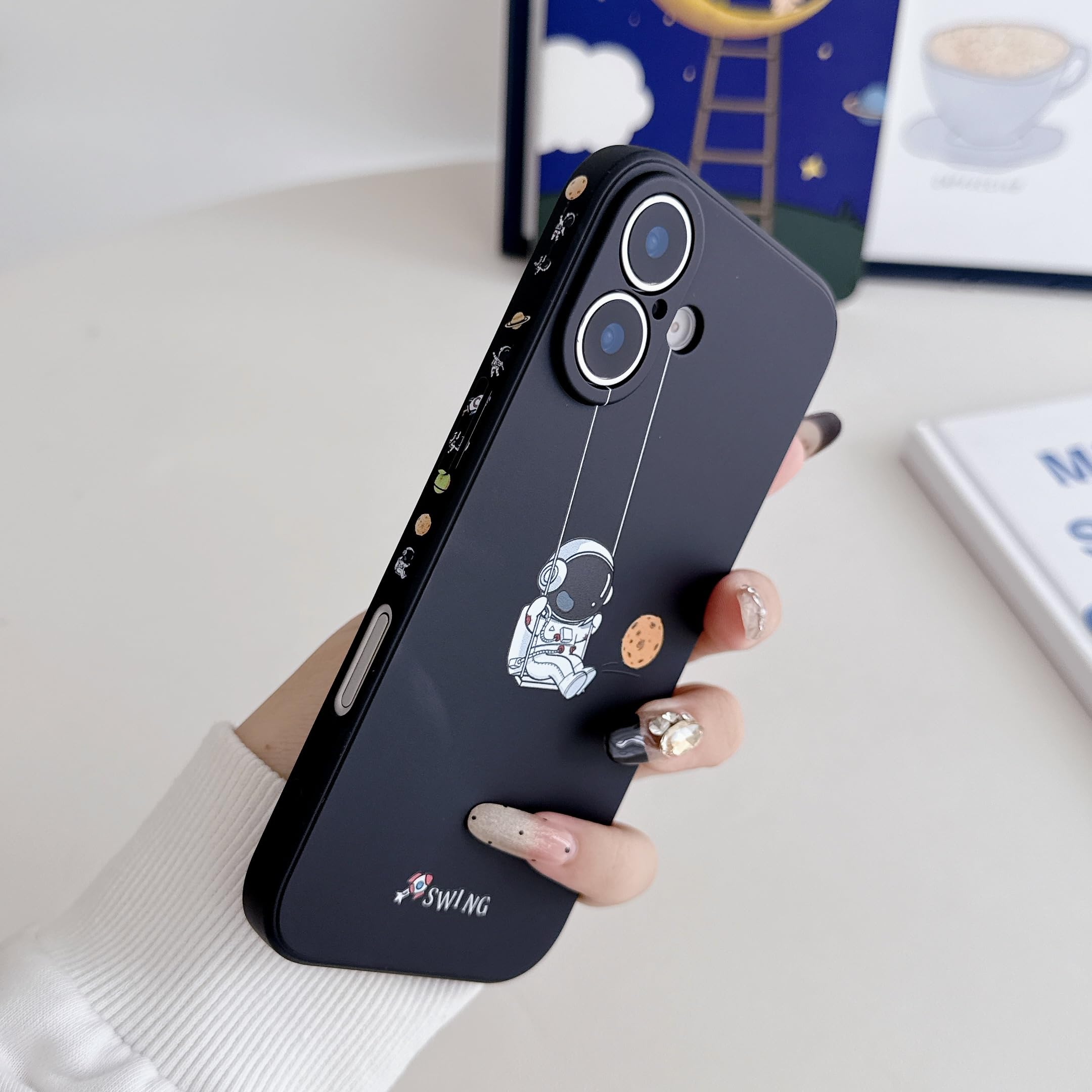 Yonds Queen for iPhone 17 Cute Case, Cool Cartoon Swing Astronaut Planet Moon Space Design Stylish Soft TPU Bumper Shockproof Anti-Slip Protector Fashion Case (Black Planet, iPhone 17) - 3