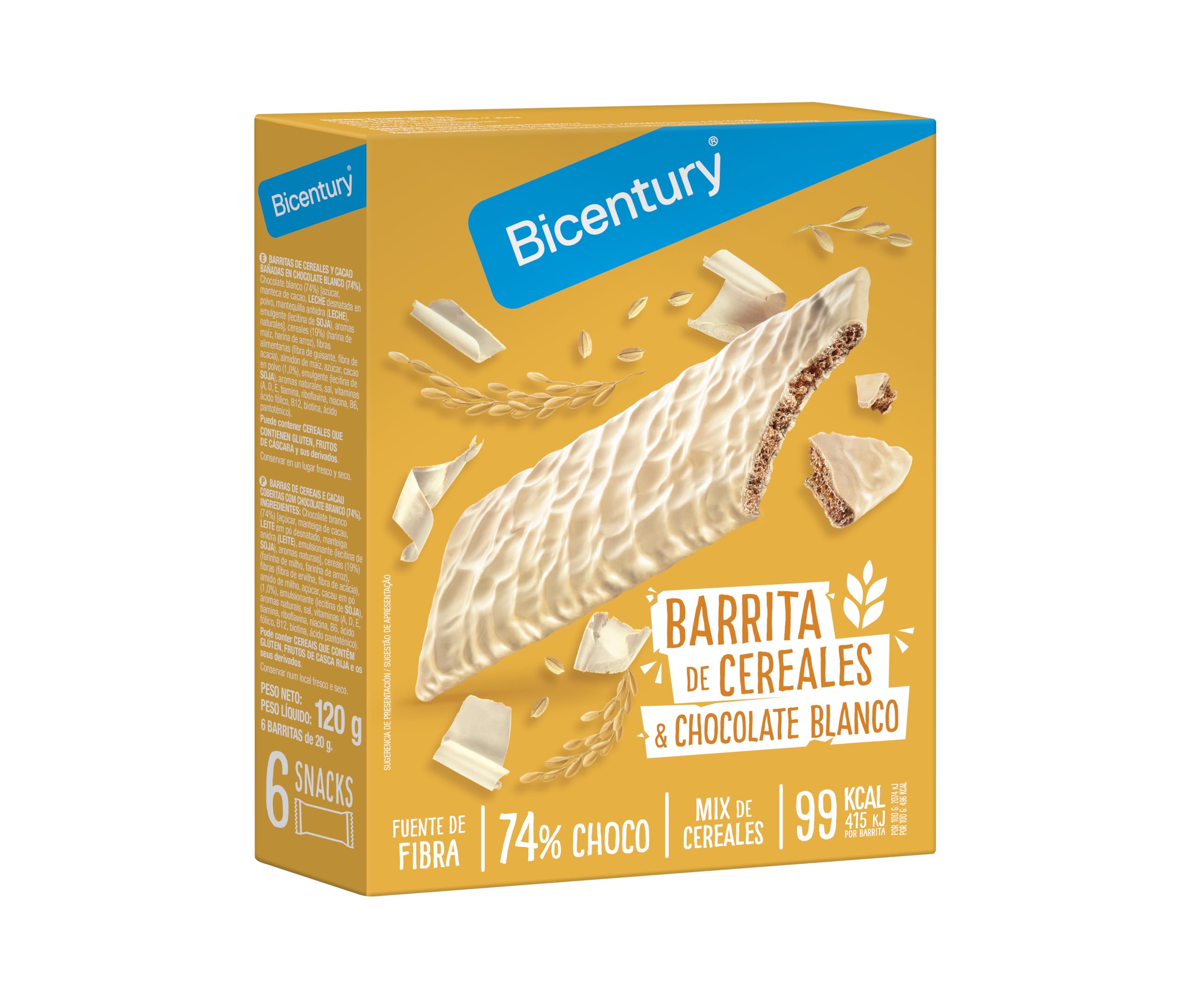 Bicentury Barritas de cereales con Chocolate Blanco -6Uds-, 120 g