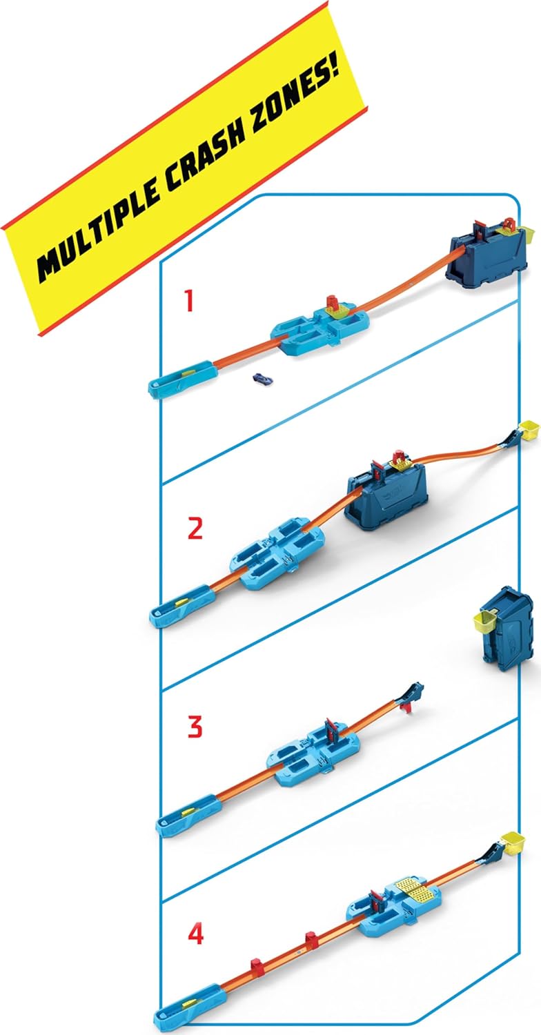 Close-up of a rubber band powered launcher mechanism on the Hot Wheels track.