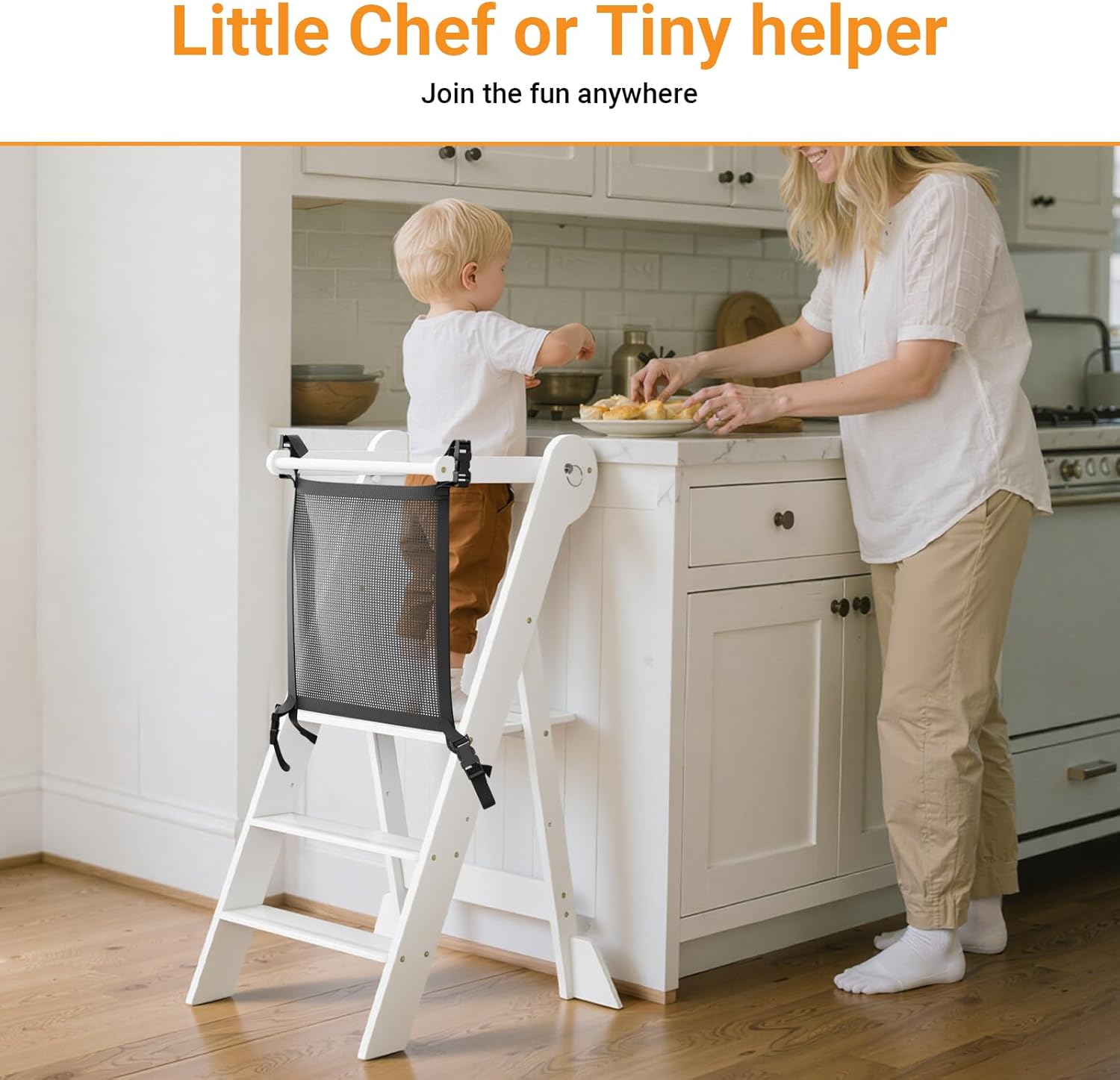 COSYLAND Foldable Toddler Kitchen Stool Helper - Height Adjustable Kitchen Standing Tower for Bathroom Sink or Counter - Step Stool for Toddlers Ages 18 Months to 6 Years White