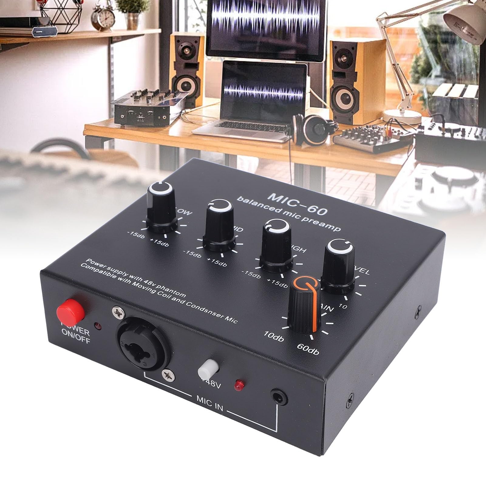 Preamplificador de micrófono XLR balanceado SustVita con ganancia de 10-60 dB, potencia de 48 V para micrófonos dinámicos y de condensador, un amplificador de ganancia de