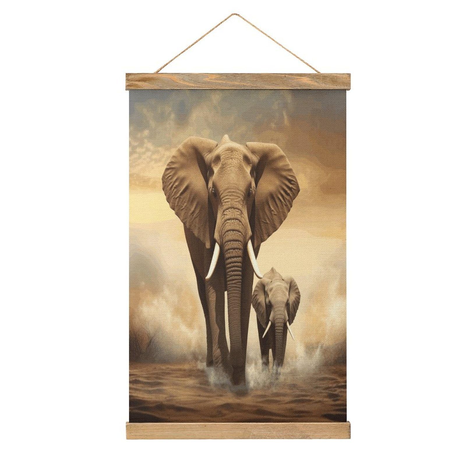 VstaDank Elephant And Baby Elephant Poster with Wooden Frame Hanger Art Painting Wall Decor Poster Wall Hanging Wooden Frame 13x20 Wood Poster Hanger for Photo Picture Art Canvas Print Artwork