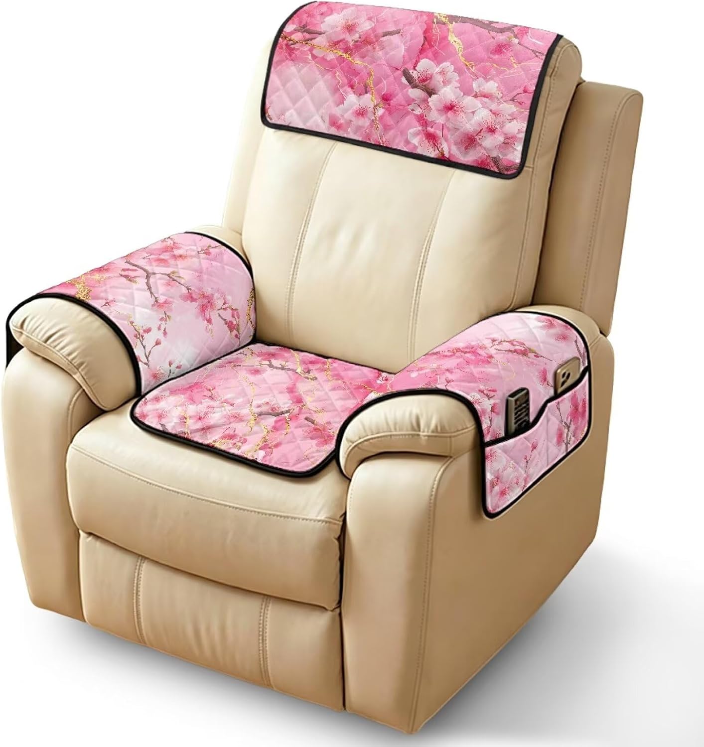 Cherry Blossom Pink Golden Marble Pattern Recliner Cover Set, 4 Pieces Non Slip Washable Dog Chair Cover Armrest Cover Pads with Storage Pocket Recliner Cushion Slipcovers for Pets Dogs