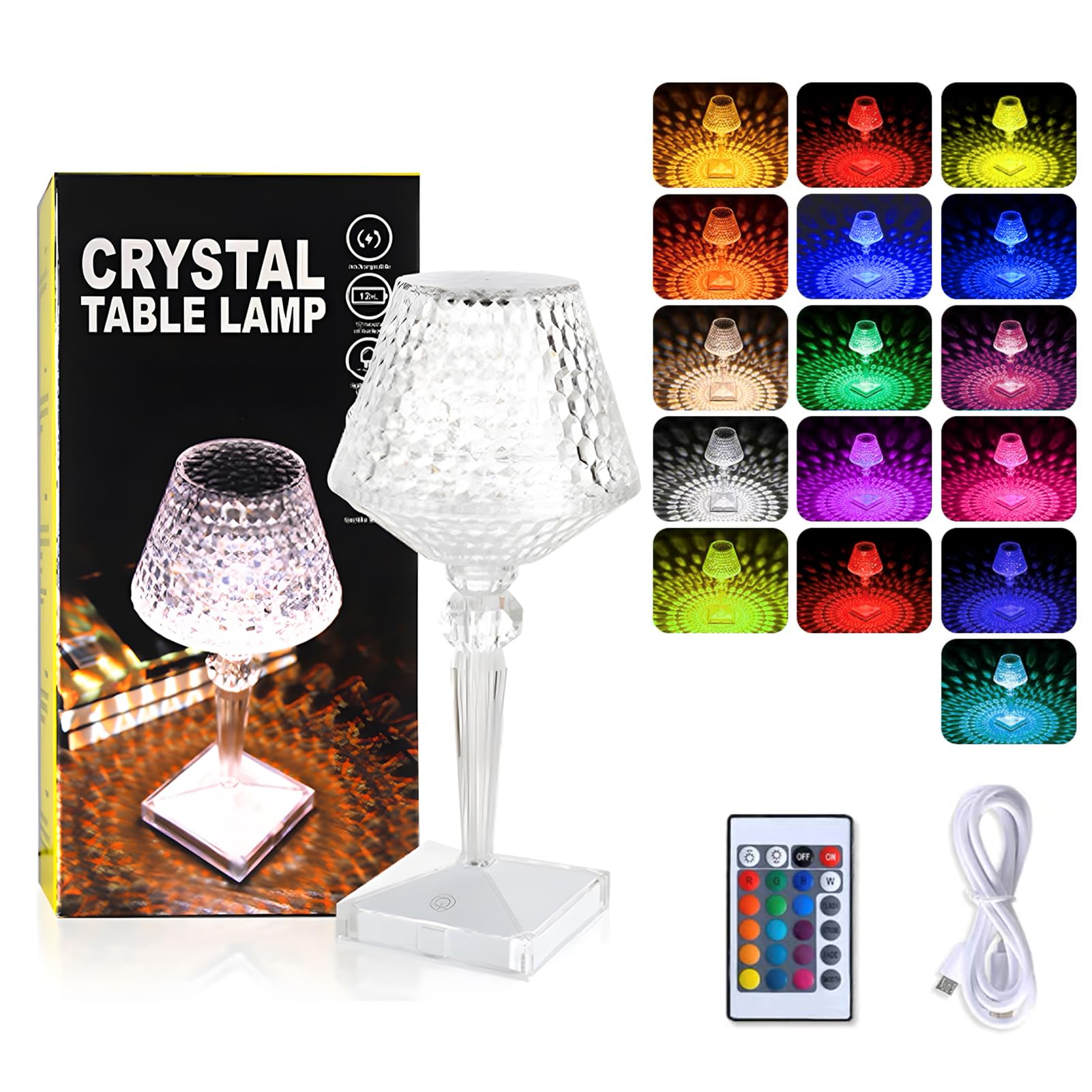 VAODO Table Lamp, Portable Crystal Diamond Table Lamp with Touch Sensor, RGB 16 Colors Remote Control, Rechargeable Bedside Lamp, Children's Night Light, Room Decoration Table Lamp