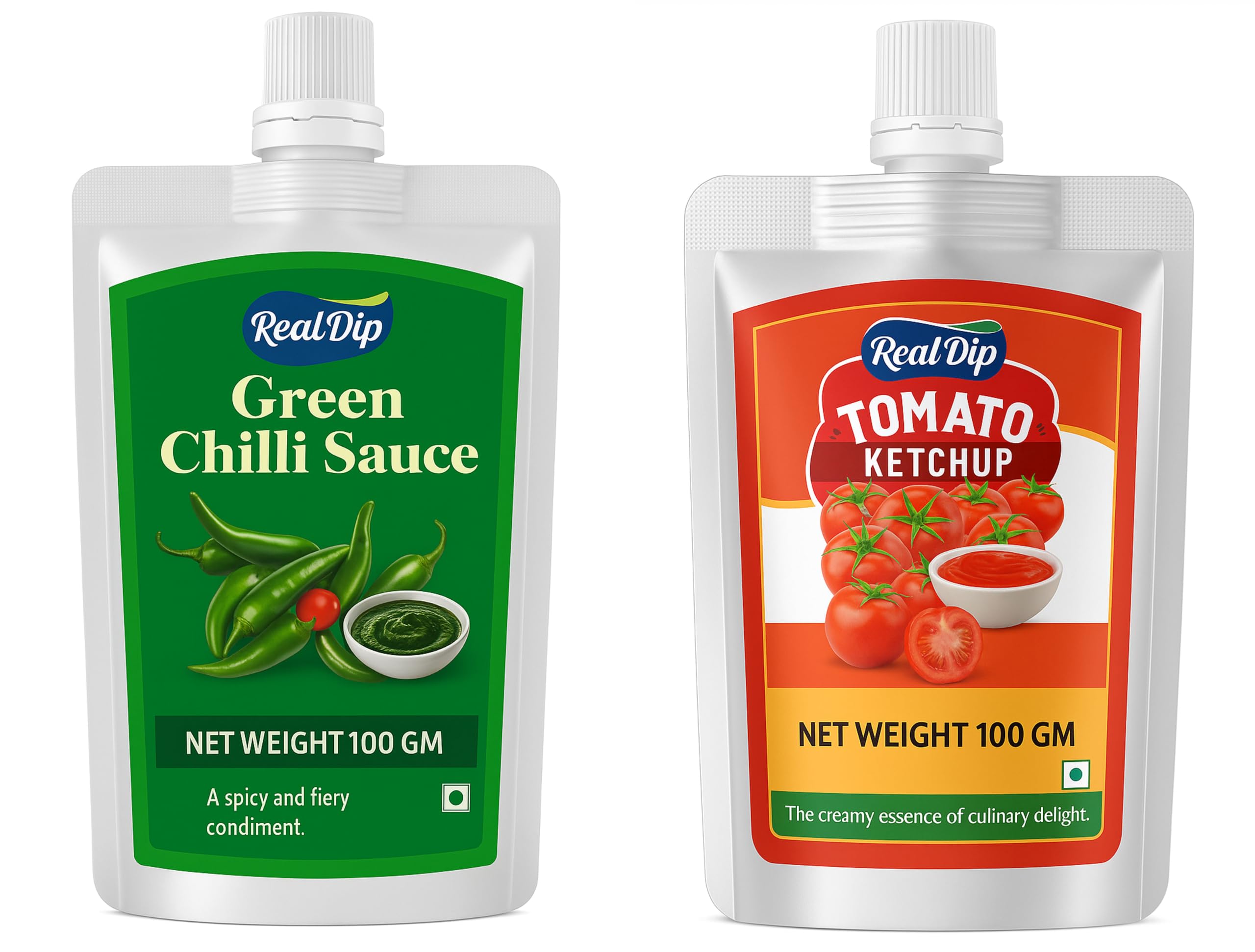 real dip green chilli sauce and tomato ketchup combo, 100 gm each, spicy fiery condiment