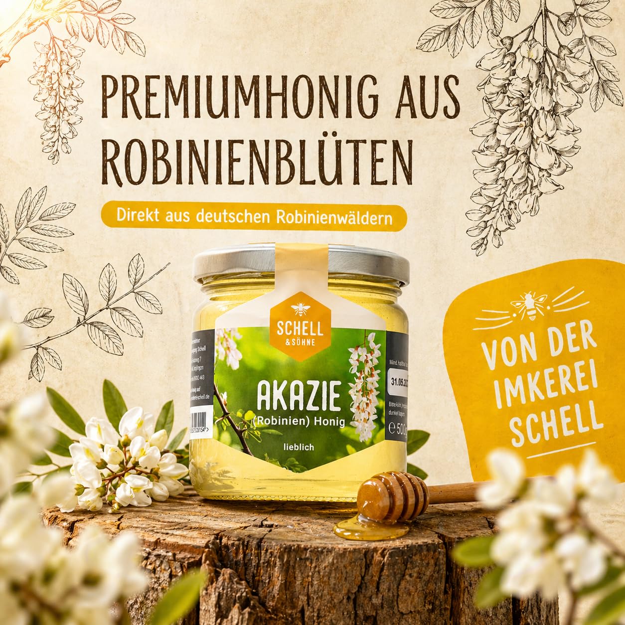 Deutscher Akazienhonig 6 x 500g - Vorteilspack - Robinienhonig - Imkerei Schell Honig aus eigener Produktion - 100% Deutscher Honig