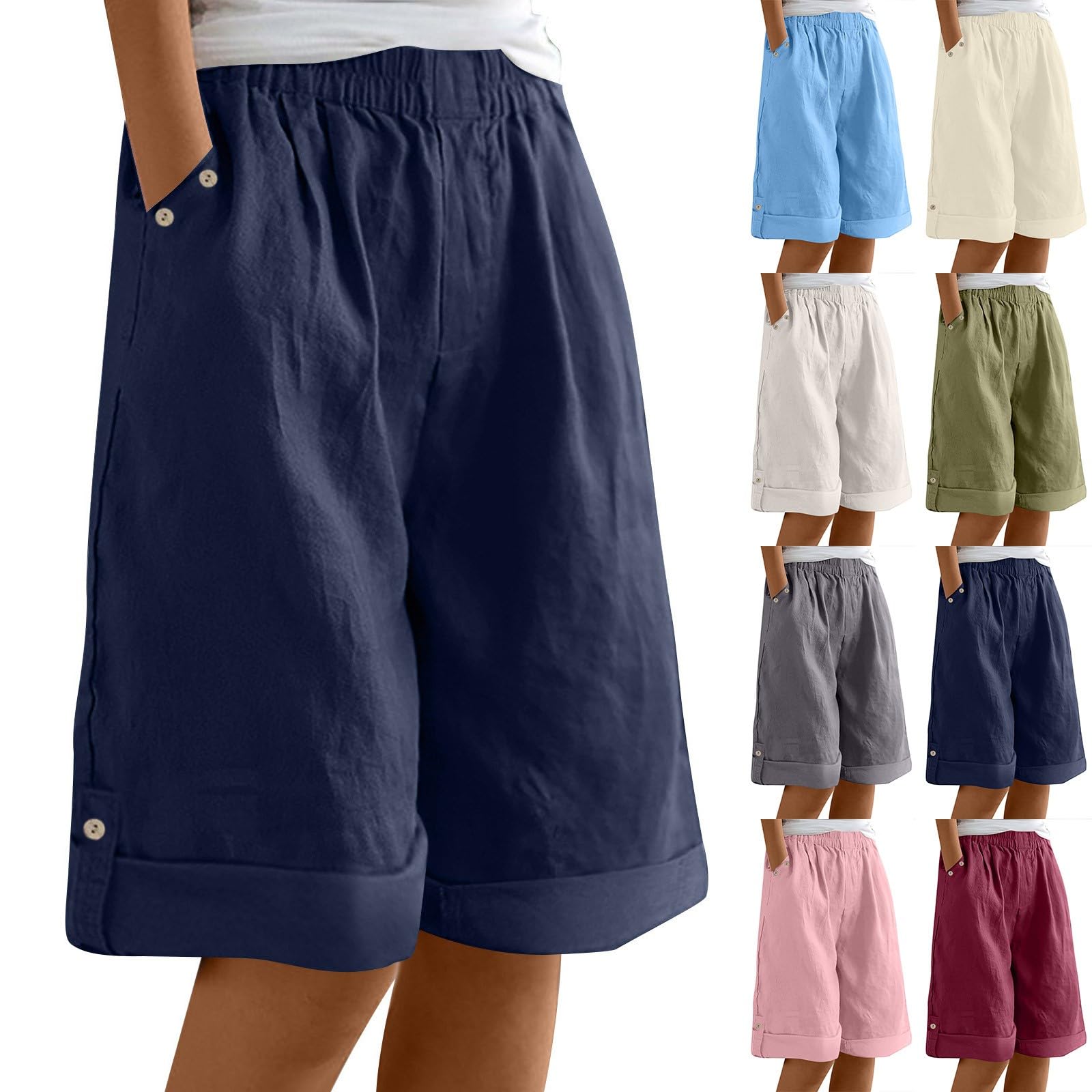 2025 Summer Linen Bermuda Shorts for Women Casual Elastic High Waisted Wide Leg Beach Loose Comfy Shorts with Pockets
