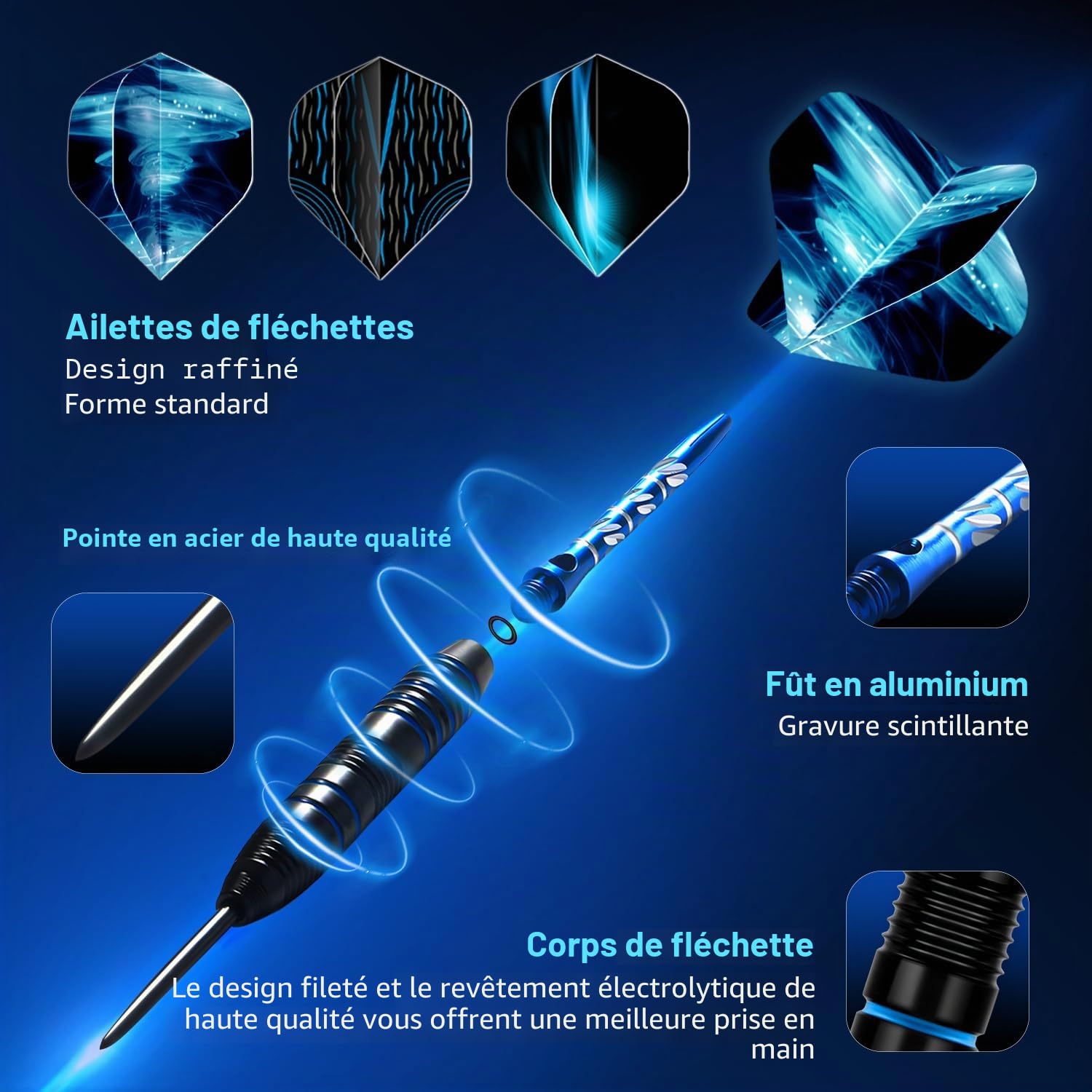 Lot de 3 fléchettes professionnelles à pointe en acier 22 g avec ailettes, tiges aluminium, étui