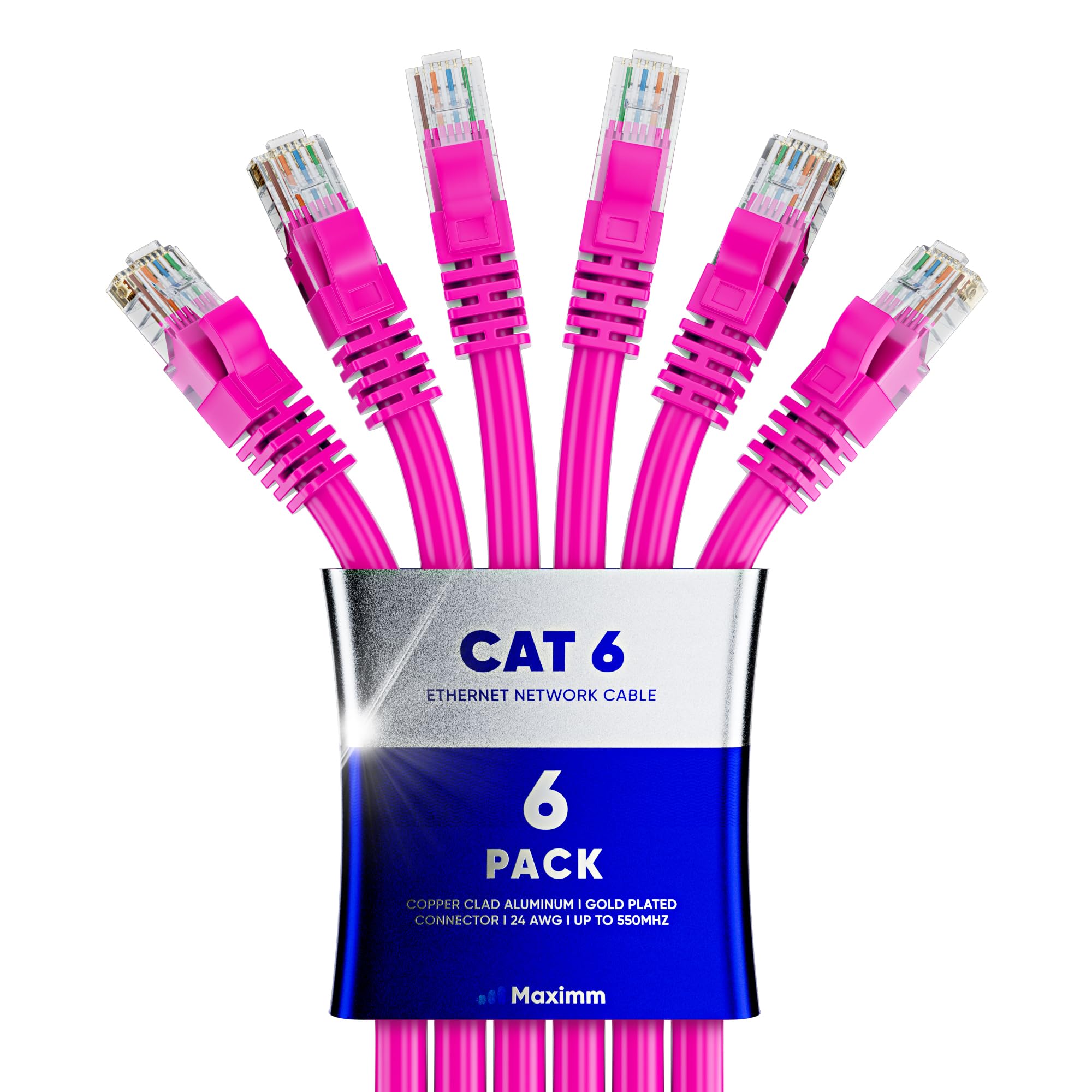 Maximm Cavo Ethernet Cat 6 da 15,2 m (confezione da 6) - Cavo LAN ad alta velocità, cavo Internet, cavo patch e cavo di rete - UTP, 10 Gbps, 550 MHz, cavo Ethernet - Rosa