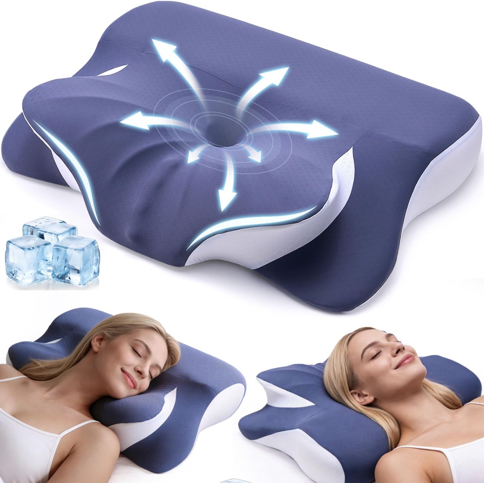 Ergonomic Cervical Pillow,Dual-Sided Neck & Shoulder Contour Support Pain Relief, Hollow Center Orthopedic Pillow, Soft Deep Sleep Memory Foam Cooling Bed Pillow for Back & Side Sleepers, Low-Medium