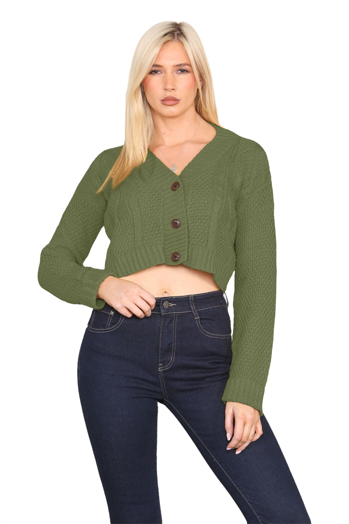 janisramone® Womens Cable Knitted Cardigan, 3 Buttons Cropped Jumper Casual, Long Sleeve Top, Chunky Winter Cardigans for Women UK, Short Warm Sweater - Ladies Party Jumpers Khaki