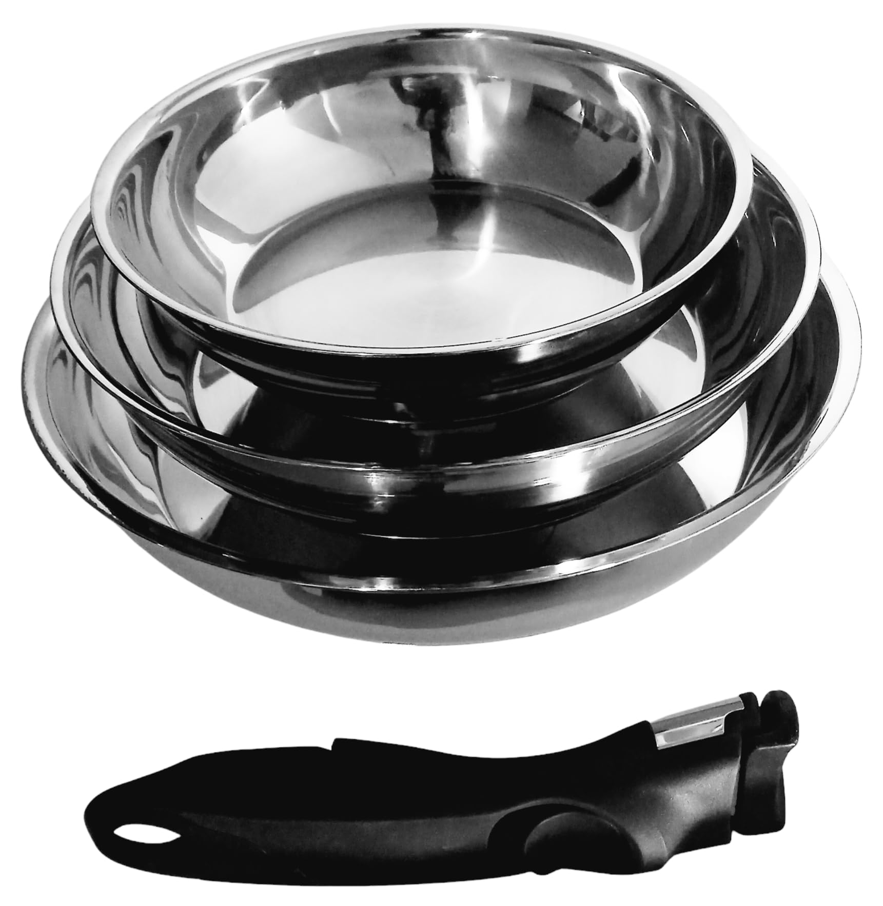 Set di 3 padelle in acciaio inox di alta qualità – induzione e forno, manico rimovibile, cucina sana, 20/24/28 cm
