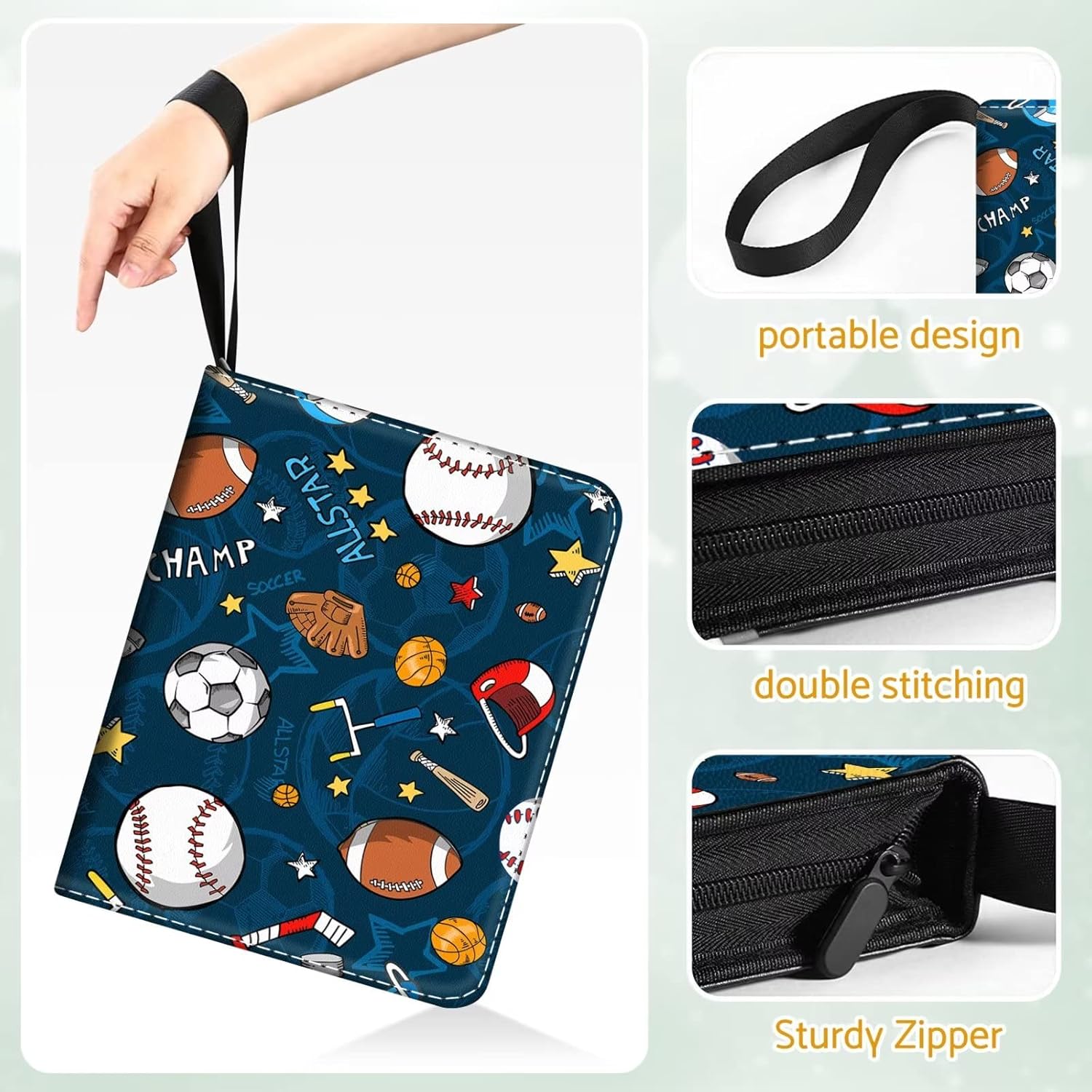 Baseball Football Card Binder Holder 480 Pockets with 60 Removable Sleeves, Portable Basketball Sports Trading Cards Binder Album Collector Organizer Protectors with Zipper,Waterproof
