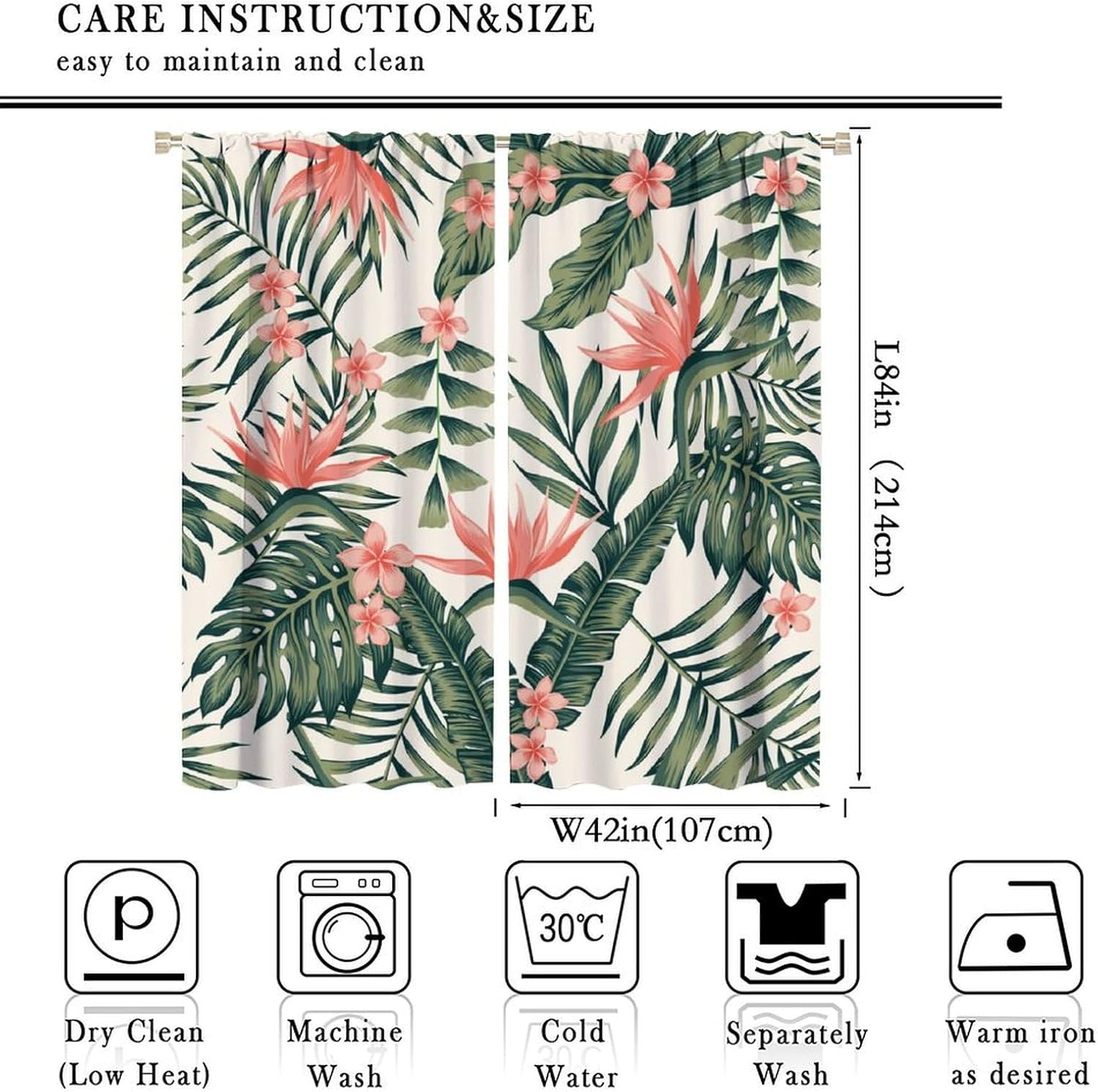 Tropical Leaf Floral Curtains Abstract Plant Palm Leaves Flower Print Window Treatments Boho Summer Jungle Rod Pocket Room Darkening Window Curtain for Kids Bedroom Living Room 42"Wx84"L 2 Panels