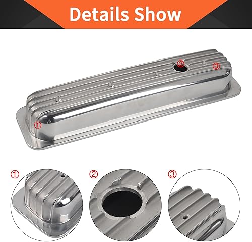 Miniatura 31 de Cubiertas de válvula de aluminio con aletas compatibles con bloque pequeño Chevy 58-86 Tall 327 350 400 - Plata pulida Plateado (sliver)