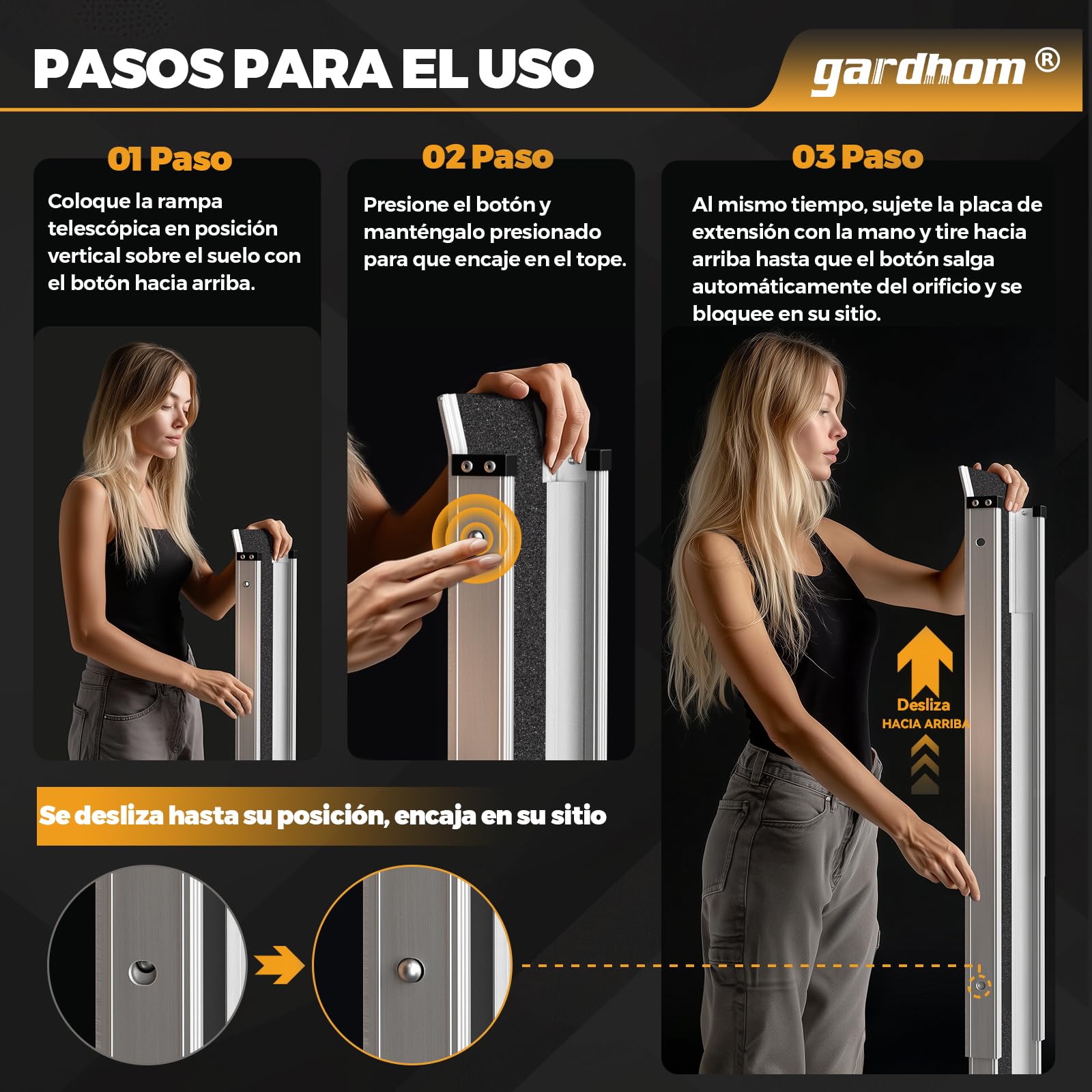 gardhom 2PCS Rampas Telescópicas para Silla de Ruedas de 120 a 213 cm, Rampa Portátil Ajustable para Silla de Ruedas de 272 kg, Rampas con Superficie Antideslizante Negra y Bolsa de Transporte