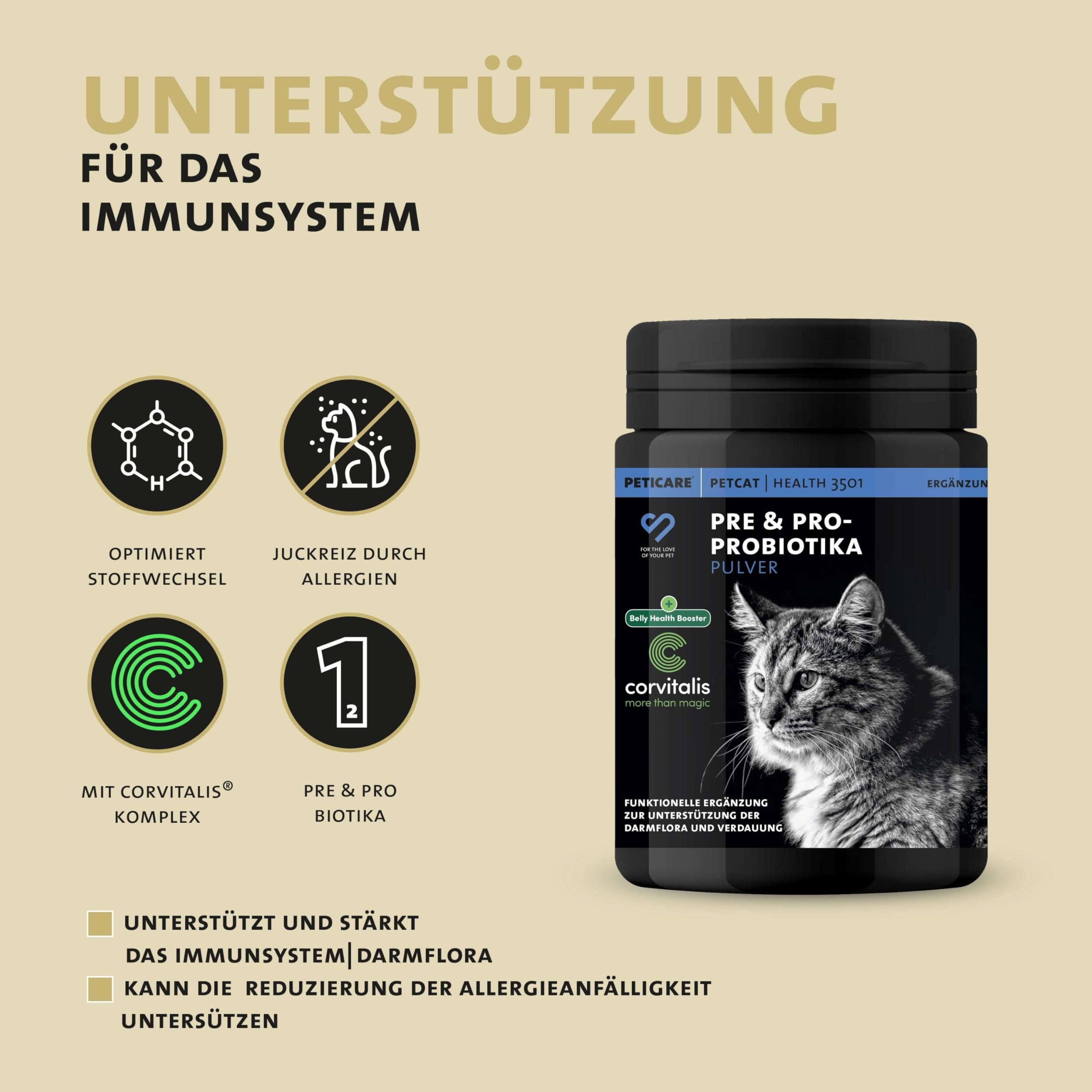Peticare Katzen Präbiotika & Probiotika | Immunsystem stärken, Darmsanierung, Darmflora aufbauen | lindert Allergie-Anfälligkeit & Juckreiz | mit innovativem Corvitalis® Komplex - petCat Health 3501