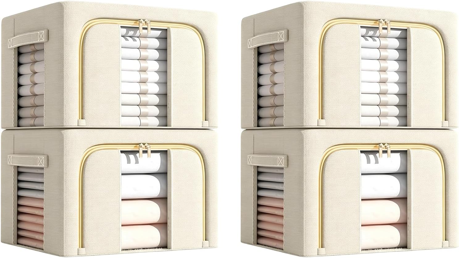 4 Pack Foldable Storage Bins with Reinforced Metal Frame Closet Organizer Boxes Oxford Fabric with Clear Window & Zipper for Clothes Bedding Seasonal Wardrobe Storage