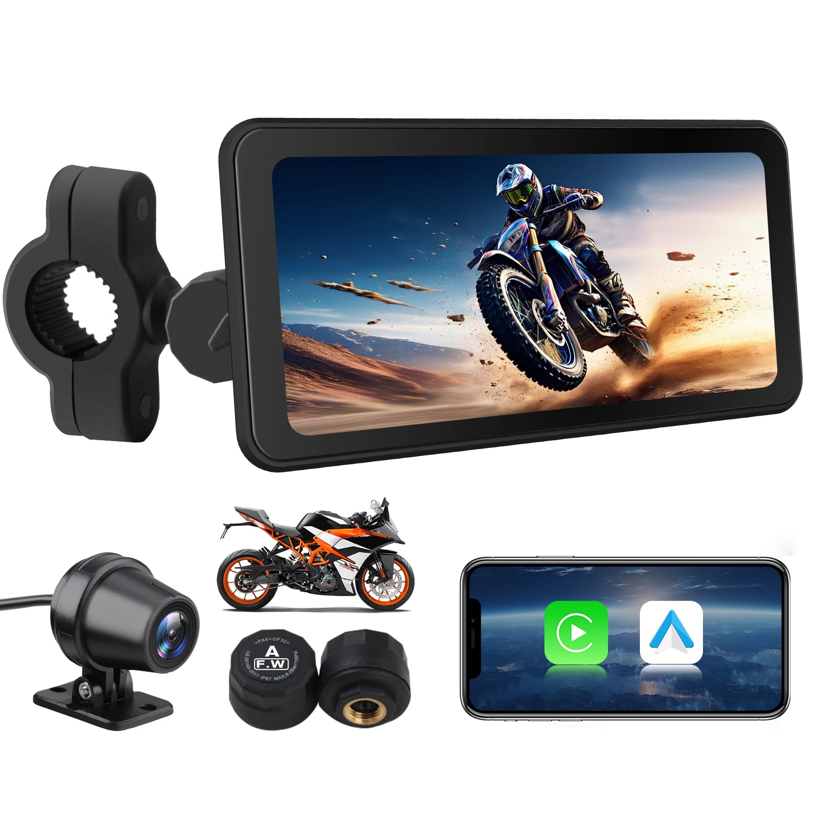 AWESAFE Moto CarPlay & Android Auto avec GPS, écran 6,25" étanche IPX8, caméra DVR 2K, AHD 1080P arrière, capteur de Pression intégré, enregistreur de Trajet, Bluetooth