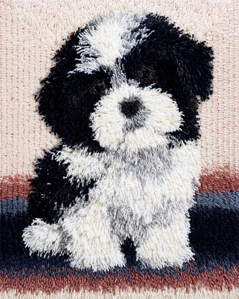 FWRTYCB 3D Latch Hook Rug Kit Black White Dog Shih Tzu Puppy