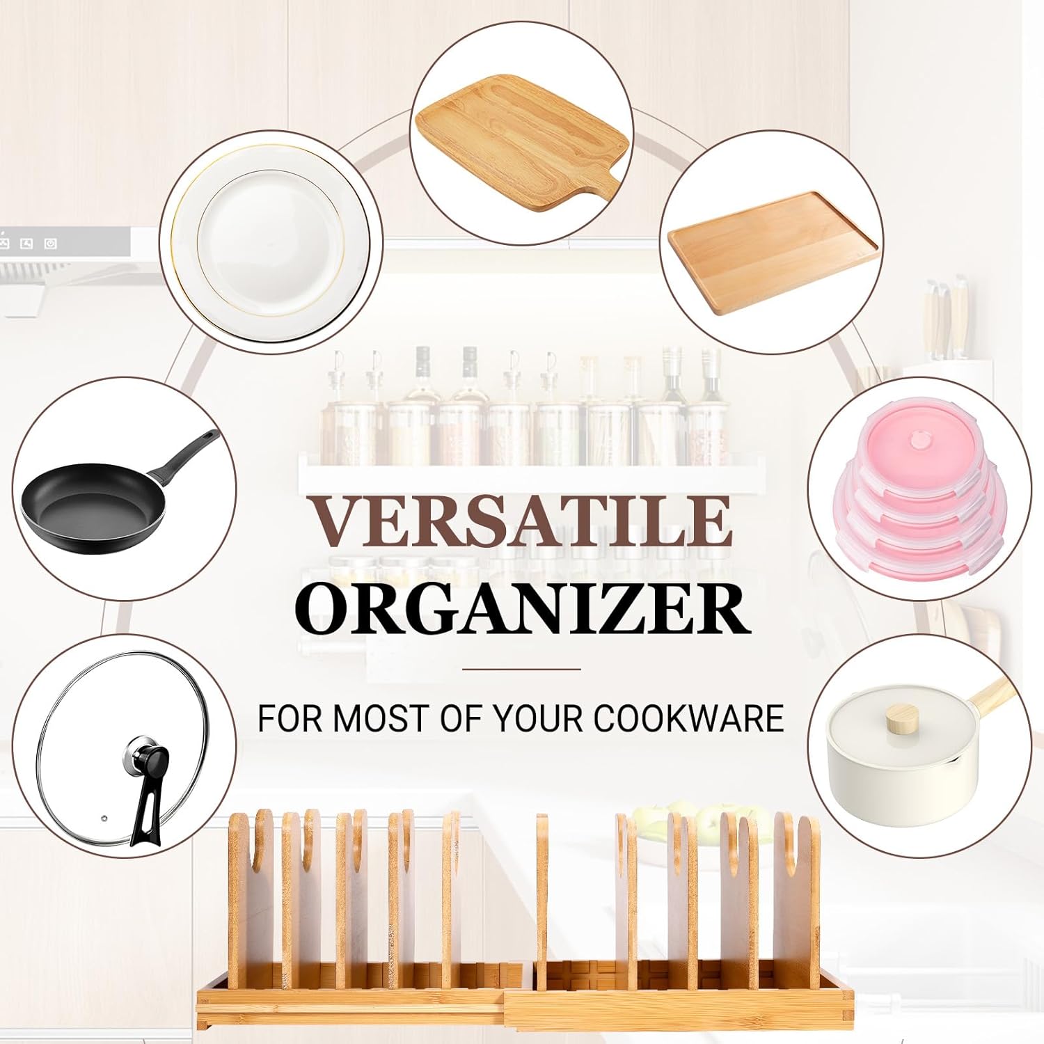 Bamboo Pot Lid Organizer, Pots and Pans Organizer Inside Cabinet, Pot Lids holder for Kitchen Countertop