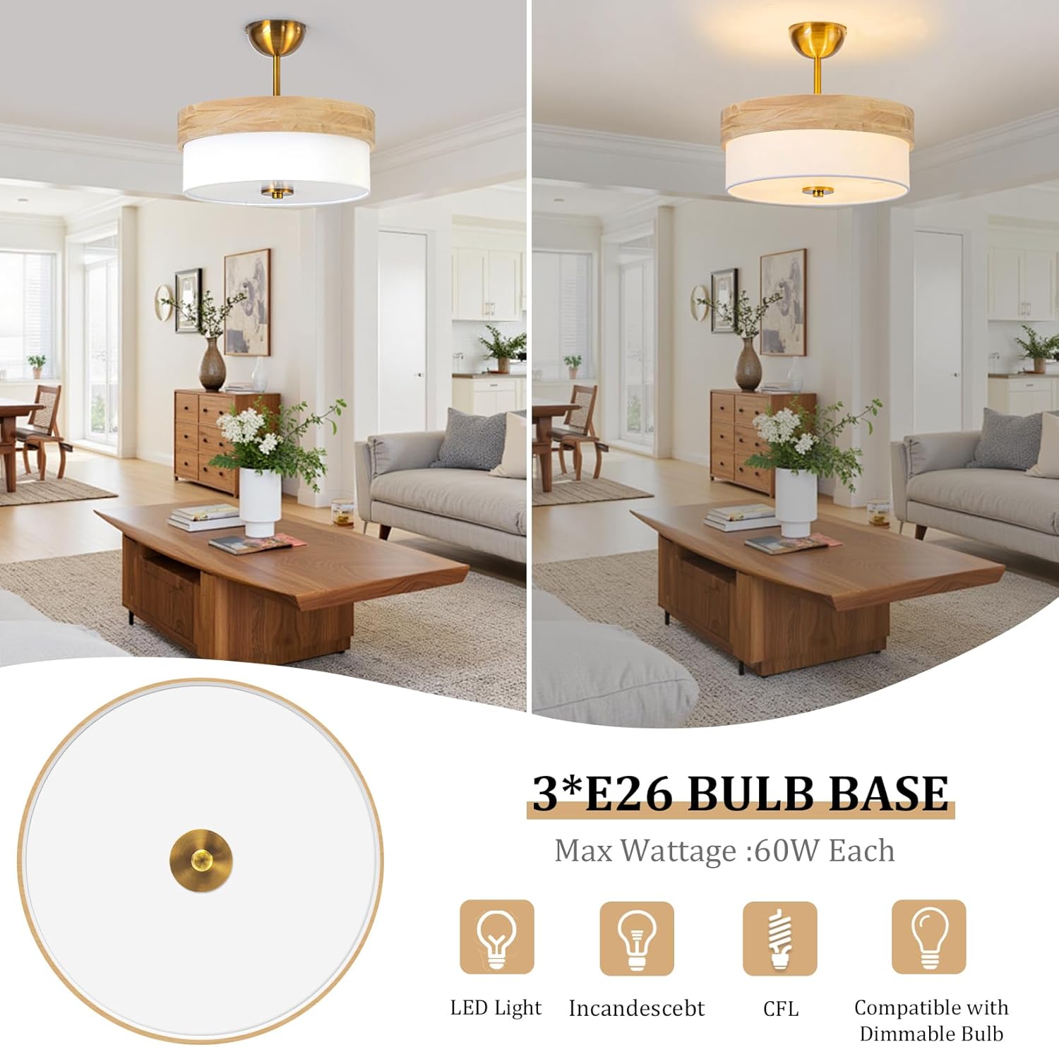Bargeni Semi Flush Mount Ceiling Light Fixture,13 Inch Gold Light Fixtures Ceiling Mount, Natural Wood Trim with Cream White Fabric Shade, Modern Flush Mount Light Fixture for Bedroom,Hallway,Kitchen