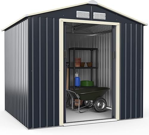 Goplus Cobertizo de almacenamiento, organizador de metal de 7 x 6 pies, para exteriores, con 4 rejillas de ventilación y doble puerta corrediza para