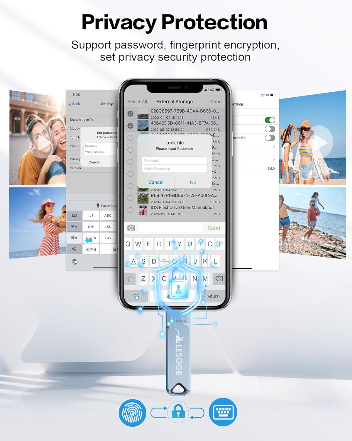 Smartphone screen showing privacy settings and password input for the LESOGE USB Flash Drive, with icons for password, fingerprint, and encryption.