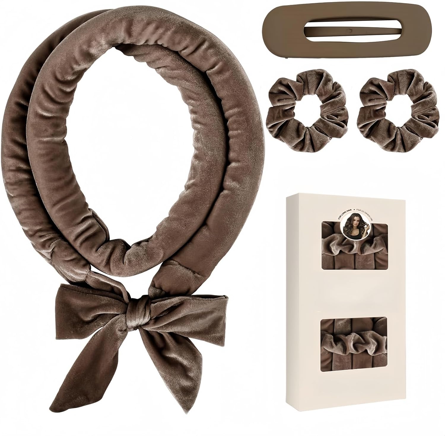 Ymoryiyi Heatless Curls Blowout ‘s nachts – fluwelen krulspelden set 160 cm met 2 hoofdbanden en clip, antislip, voor volumekrullen zonder hitte (bruin, L)