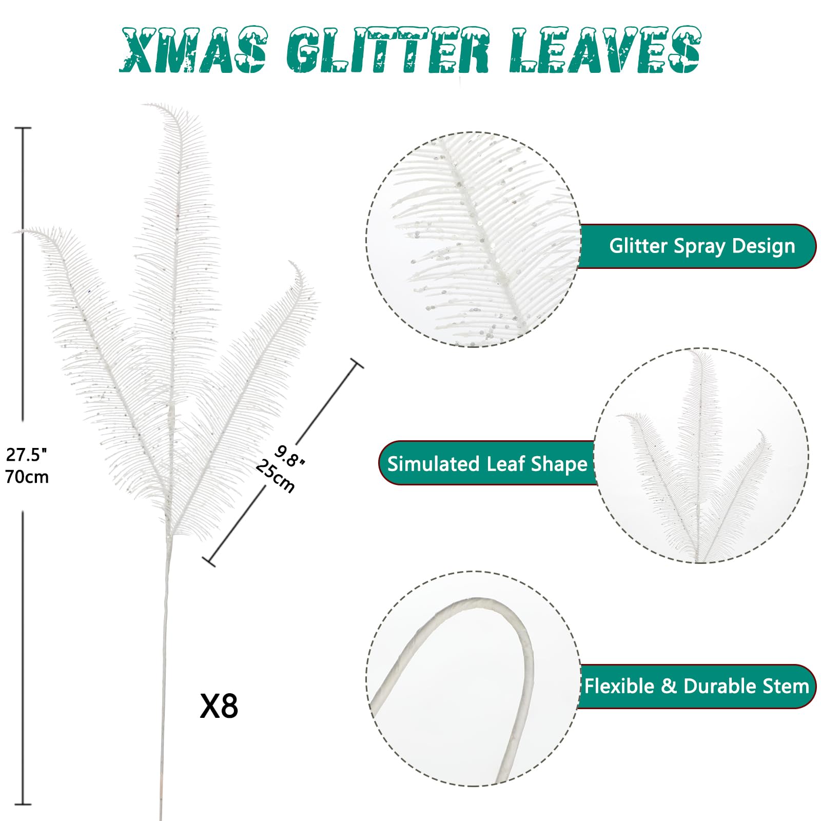 Oairse 8 Pcs Christmas Tree Picks and Sprays White Glitter Christmas Picks 28" Christmas Glitter Feathers Leaves Stems for Christmas Tree Filler Branches Wreaths Centerpieces Holiday Decorations - Image 2