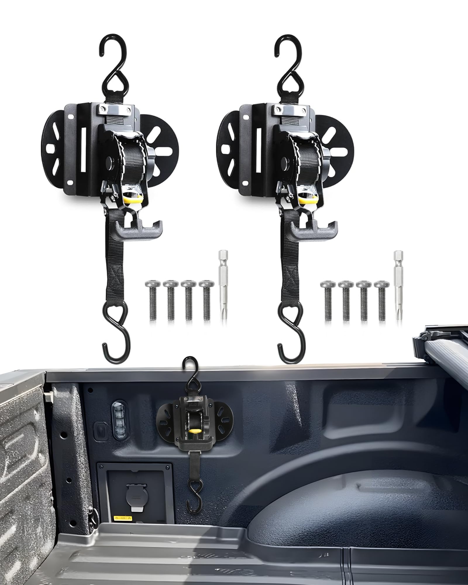 4 in 1 Boxlink Mounts for Ford with Retractable Ratchet Straps 1“ x 10', Fit for Ford F150 F250 F350 F450 & Raptor