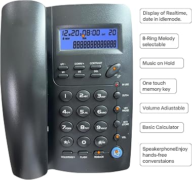 Ornin Y043 Corded Telephone with Speaker, Display, Basic Calculater and Caller ID(Black)