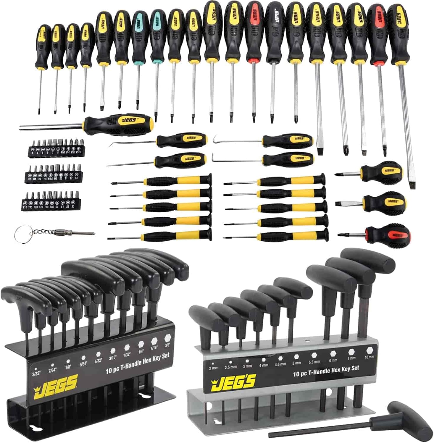 JEGS Ultimate Screwdriver & Hex Key Kit | 89-Piece | JEGS 69-Piece Screwdriver Set | 10-Piece T-Handle SAE Hex Key Set | 10-Piece T-Handle Metric Hex Key Set