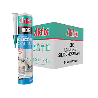 Akfix 100E RTV Clear Silicone Caulk 24x10.1 fl.oz. - 100% Silicone Sealant Waterproof for Kitchen and Bathroom, Shower, Toilet, Sink, Window and Door, No Discoloring | Clear, 24 Pack