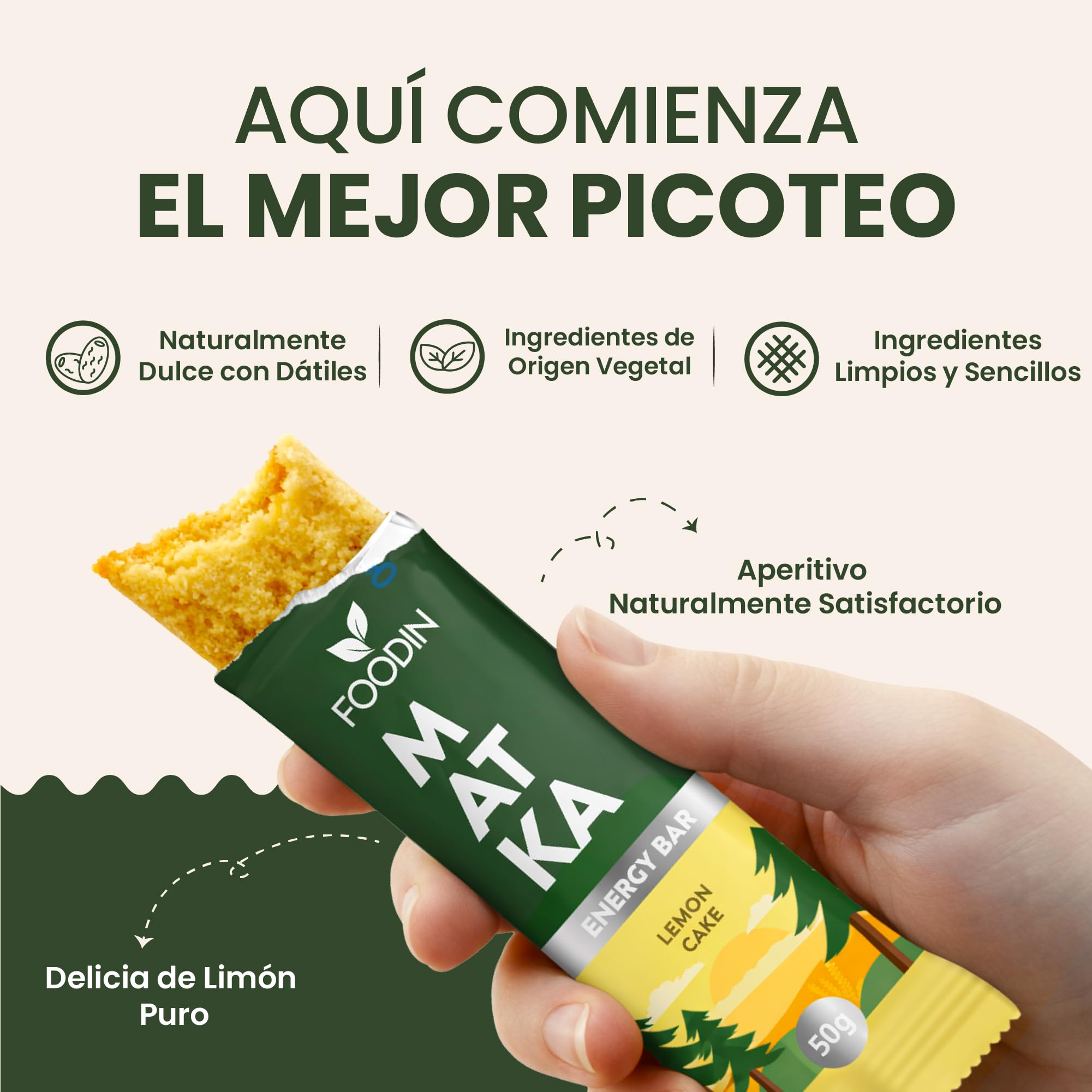 FOODIN MATKA Barrita Energética — Pastel de Limón – Sin Azúcar Añadido – Snack Refrescante y Natural – 12 x 50 g