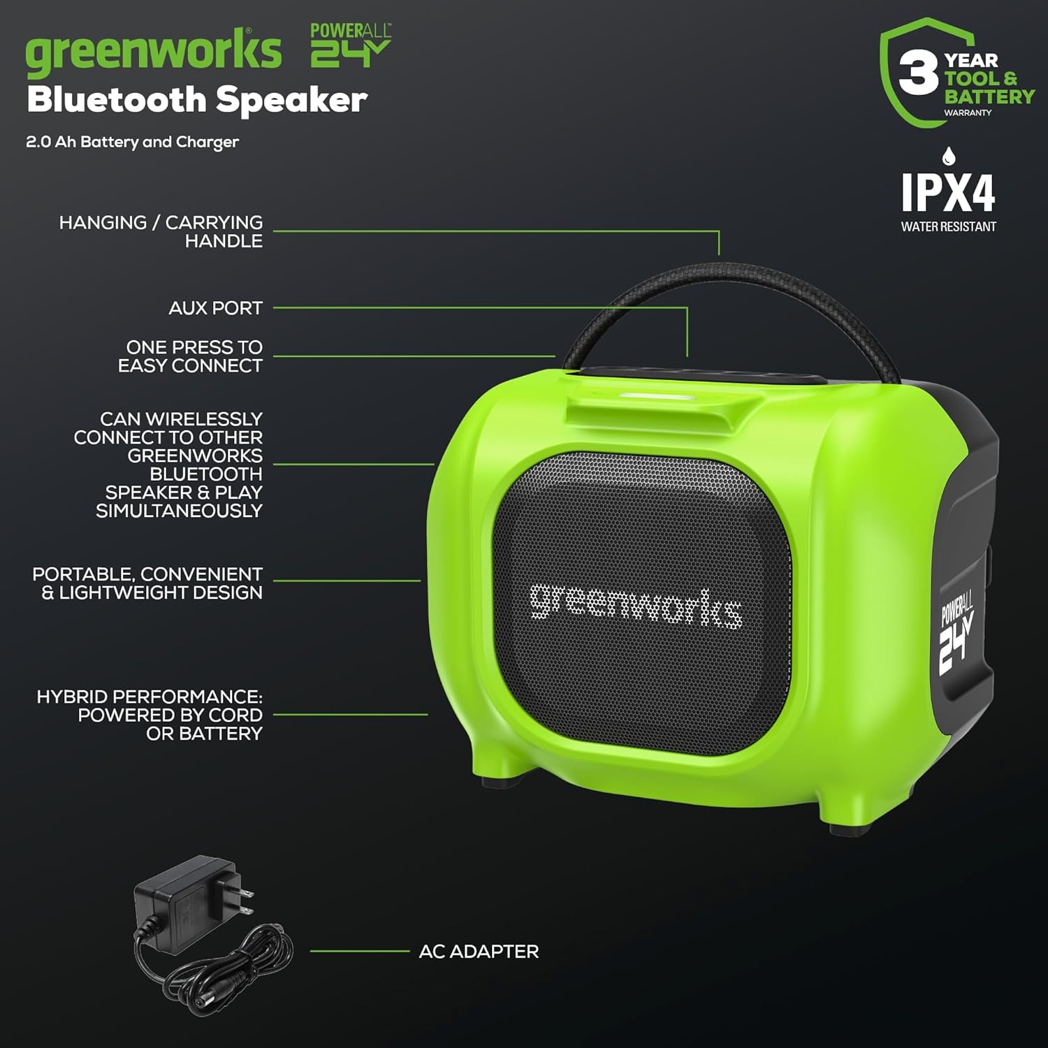 Greenworks 24V Bluetooth Compact Speaker, AC/DC Wireless Portable Worksite Speaker, 2Ah Battery and Charger Included