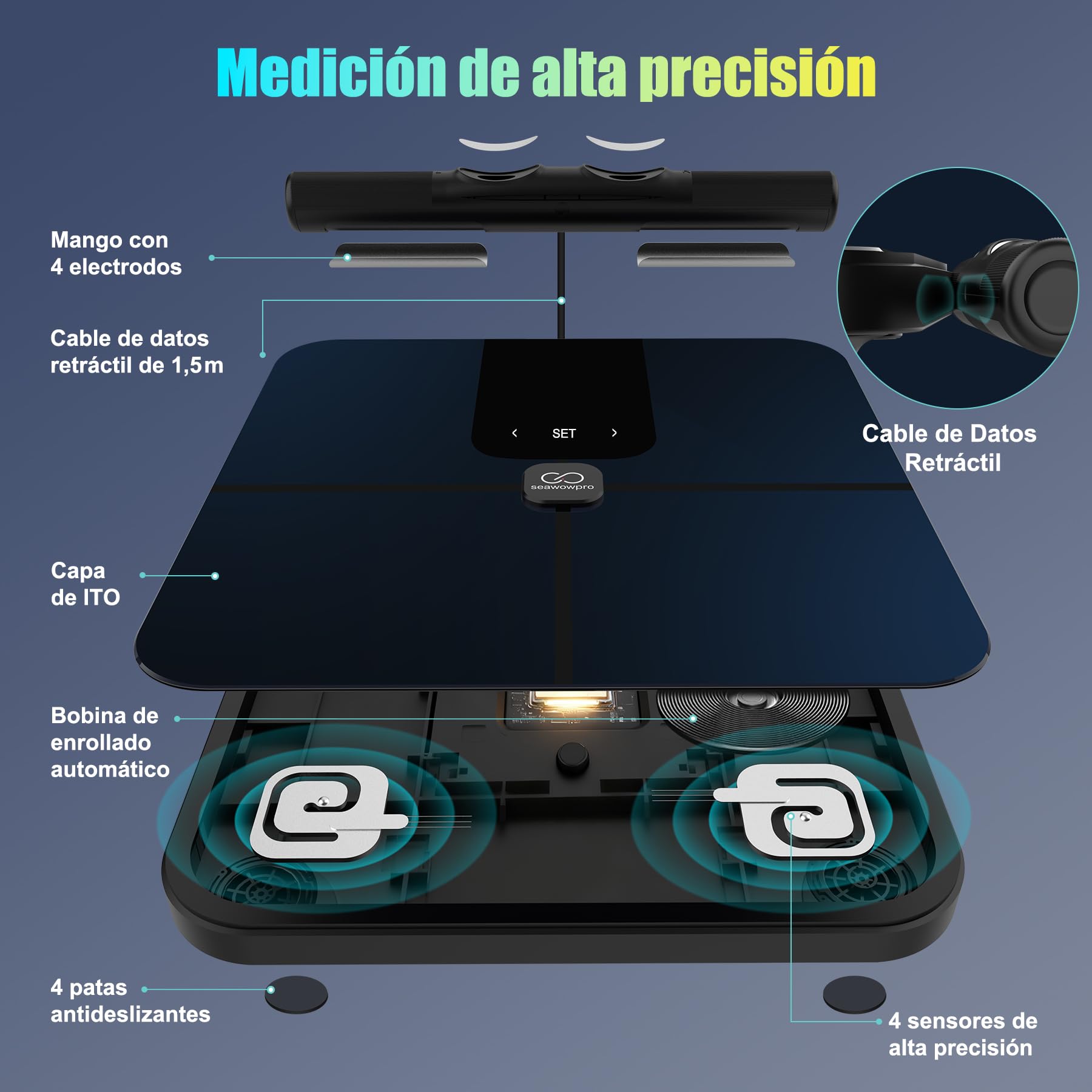 Báscula para Peso Corporal Báscula Digital de Baño con 8 Electrodos, 28 Datos Corporales Smart Weight Scale Compatible con iOS & Android, Max 400lb/180kg/28st