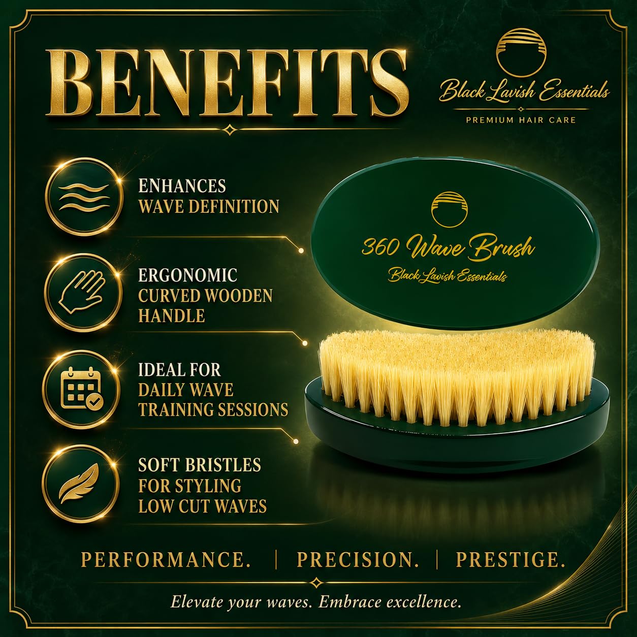 360 Wave Brush, Build Deeper Waves, Soft & Hard Boar Bristle Curved Brush, Black Lavish Essentials Signature (Emerald Green, Soft)