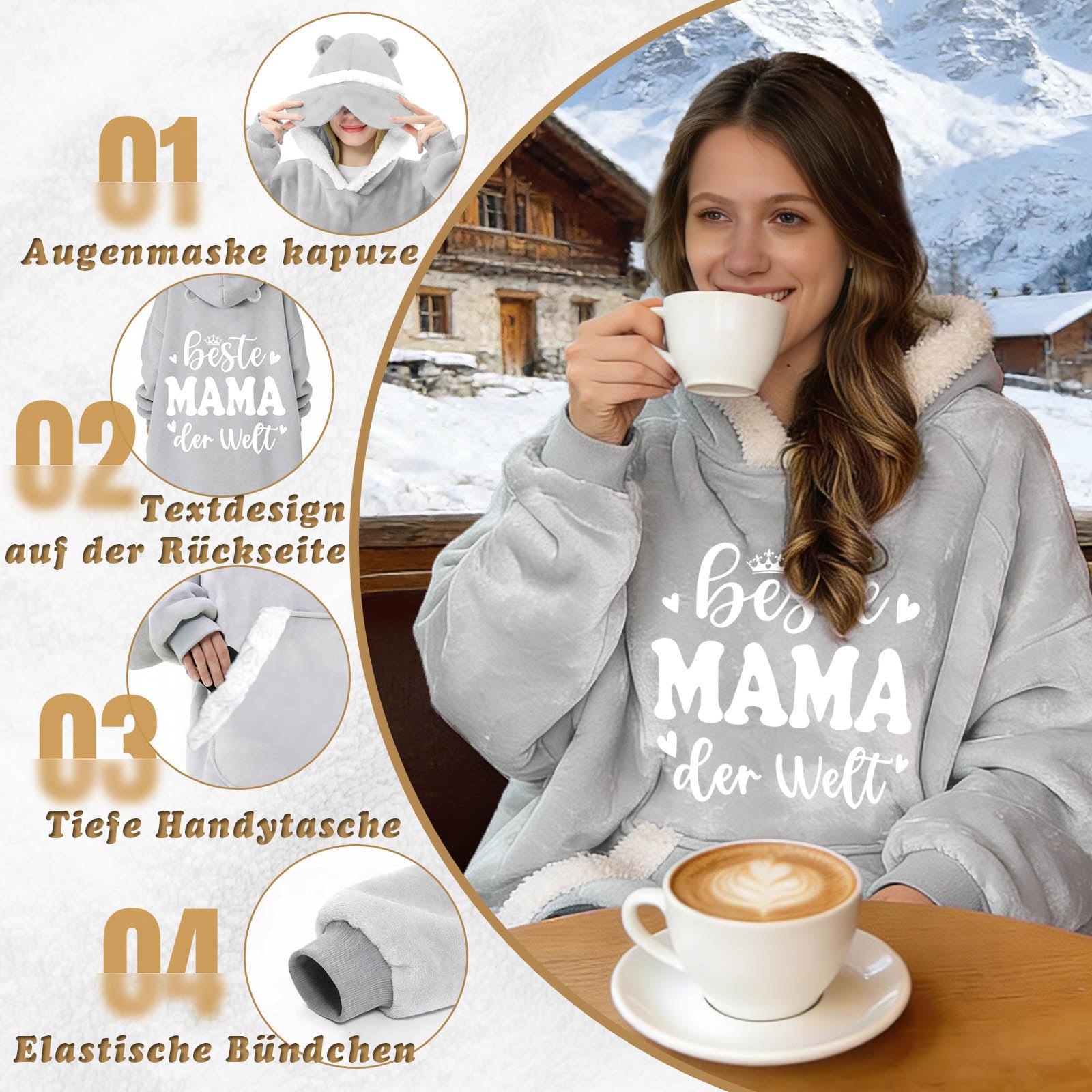 Regalo para el Día de la Madre para Mamá, gran tamaño, con capucha, manta con bolsillo, suave manta de Sherpa, ideal como regalo de cumpleaños para el Día de la Madre, color gris