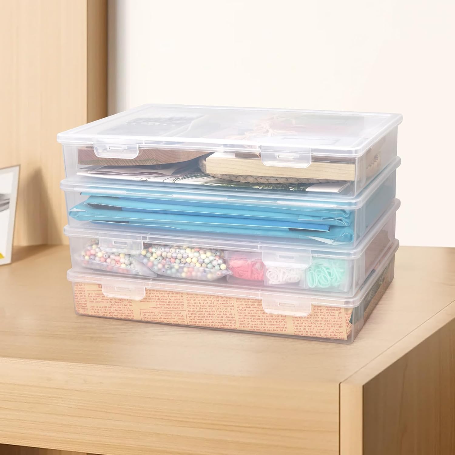 Paper Organizer Storage 4 Pack Plastic Clear A4 Paper Storage Multi-functional Storage Box with Latching Lids for Classroom Organization Office Carft Supplies Accessories Clear(12x8.46x1.97inch)
