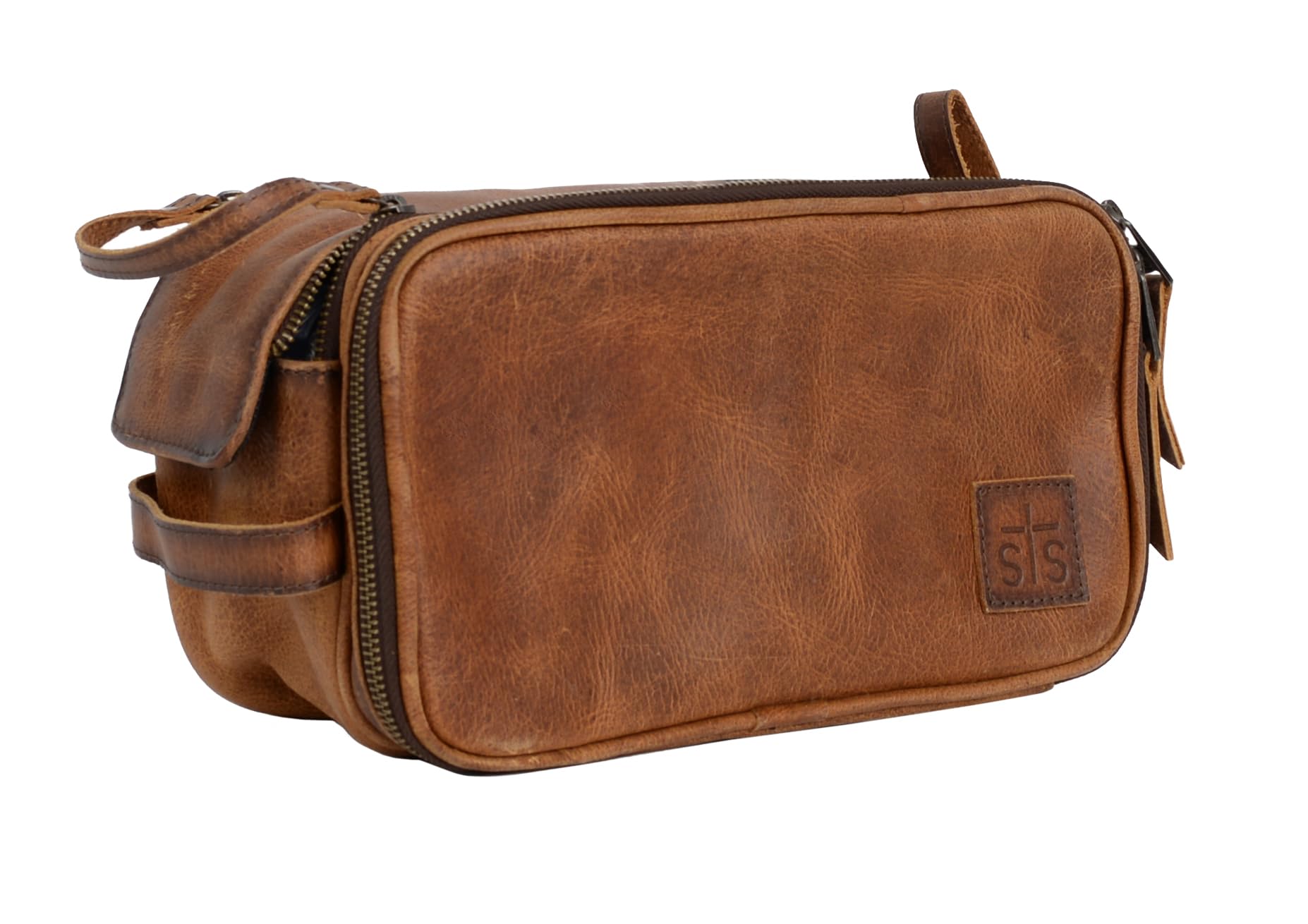 STS Ranchwear Men's Premium Full Grain Leather Oiled Waxed Tucson Double Shave Kit Bag Slots, 1 Interior Zip Pocket, 2 Mesh Interior Side Pockets