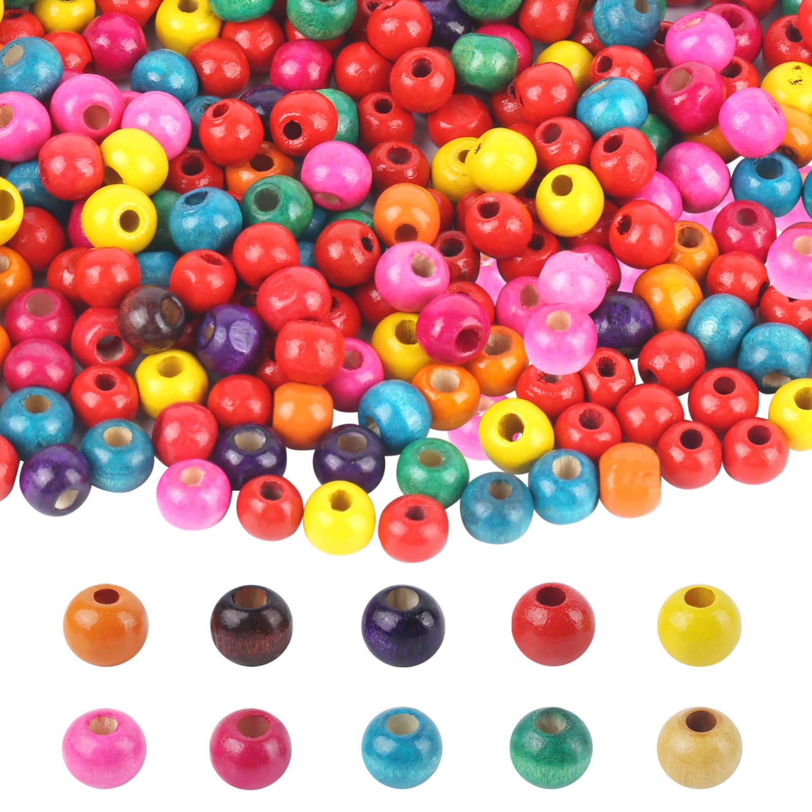 Lahnao 1000pcs Coloured Wooden Beads - 8mm Round Natural Threading Beads for Crafting Macrame, DIY Bracelet, Necklaces, Arts and Crafts