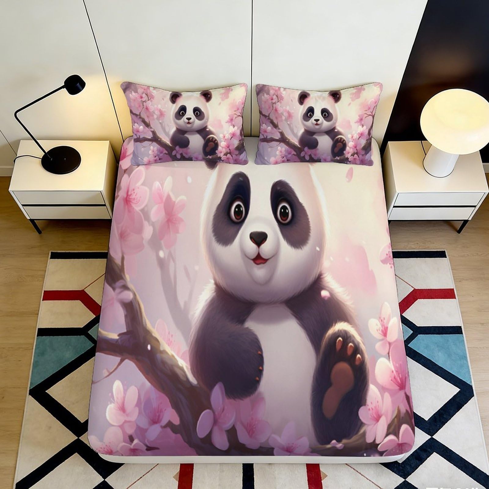 3D Printed Panda Blossom Fitted Sheet Microfiber Soft Bedroom Decor Cartoon Animal Mattress Cover for Home Dorm 90x200x25cm